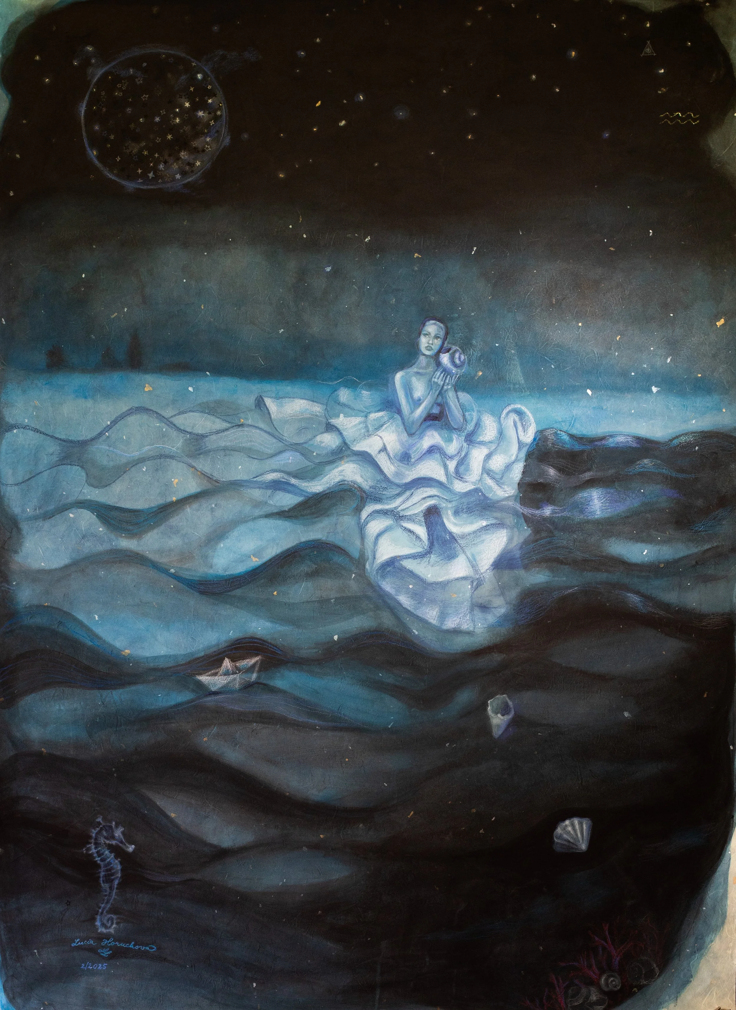 Woman standing in the sea, holding a seashell to her ear, with flowing garments blending into the water.
