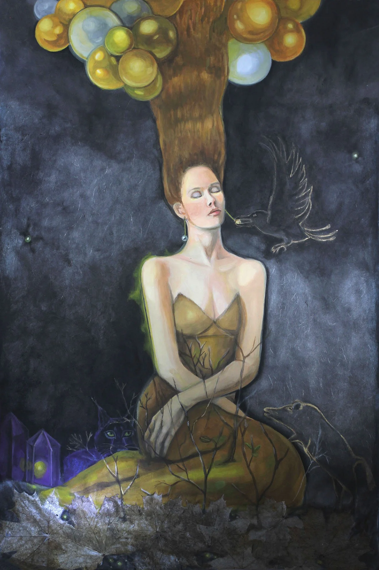 Woman in contemplation surrounded by soft lights and natural leaves embedded in the paper.
