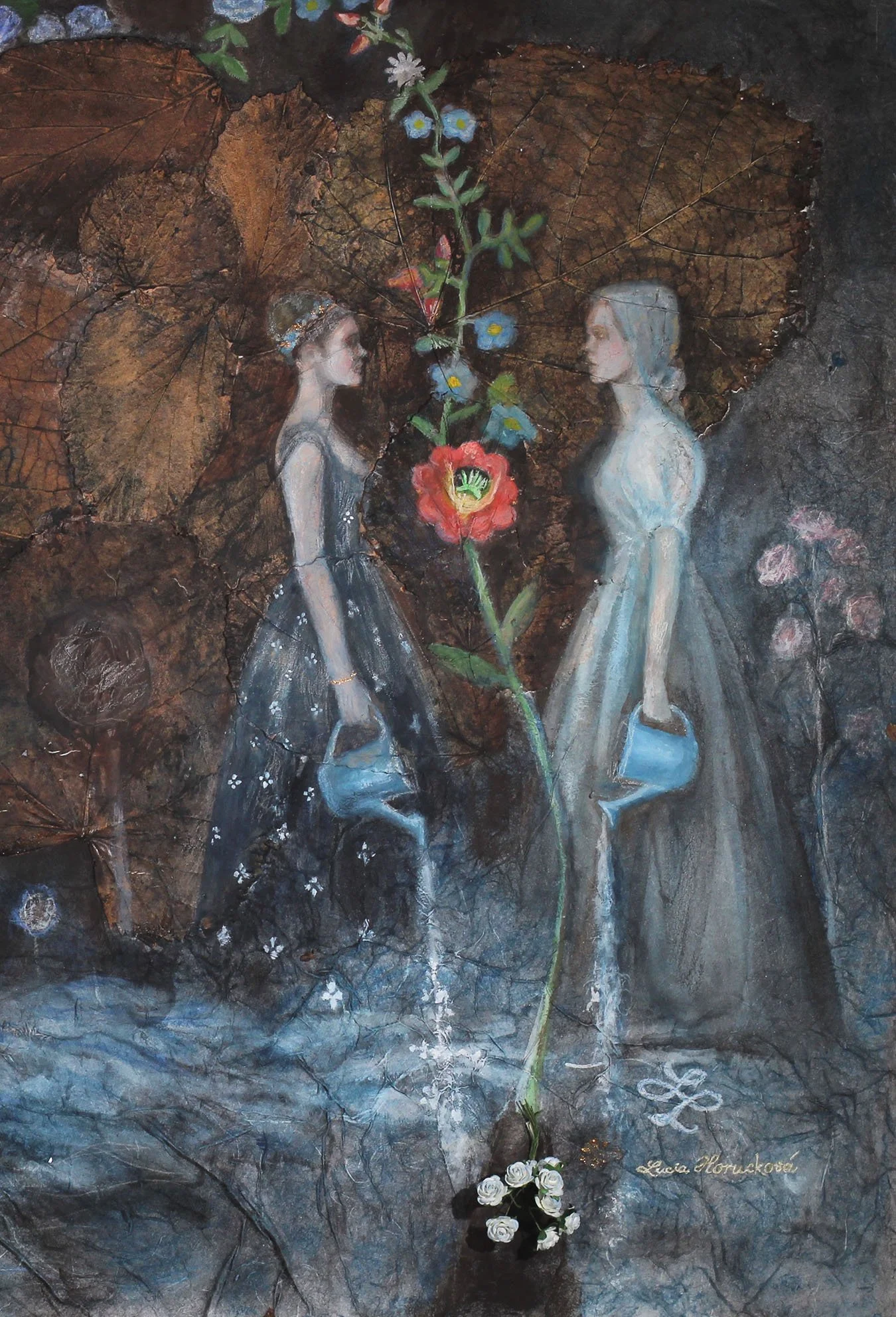 Women, flowers, and folkloric motifs arranged in a composition inspired by natural water cycles, with real leaves embedded in the artwork.