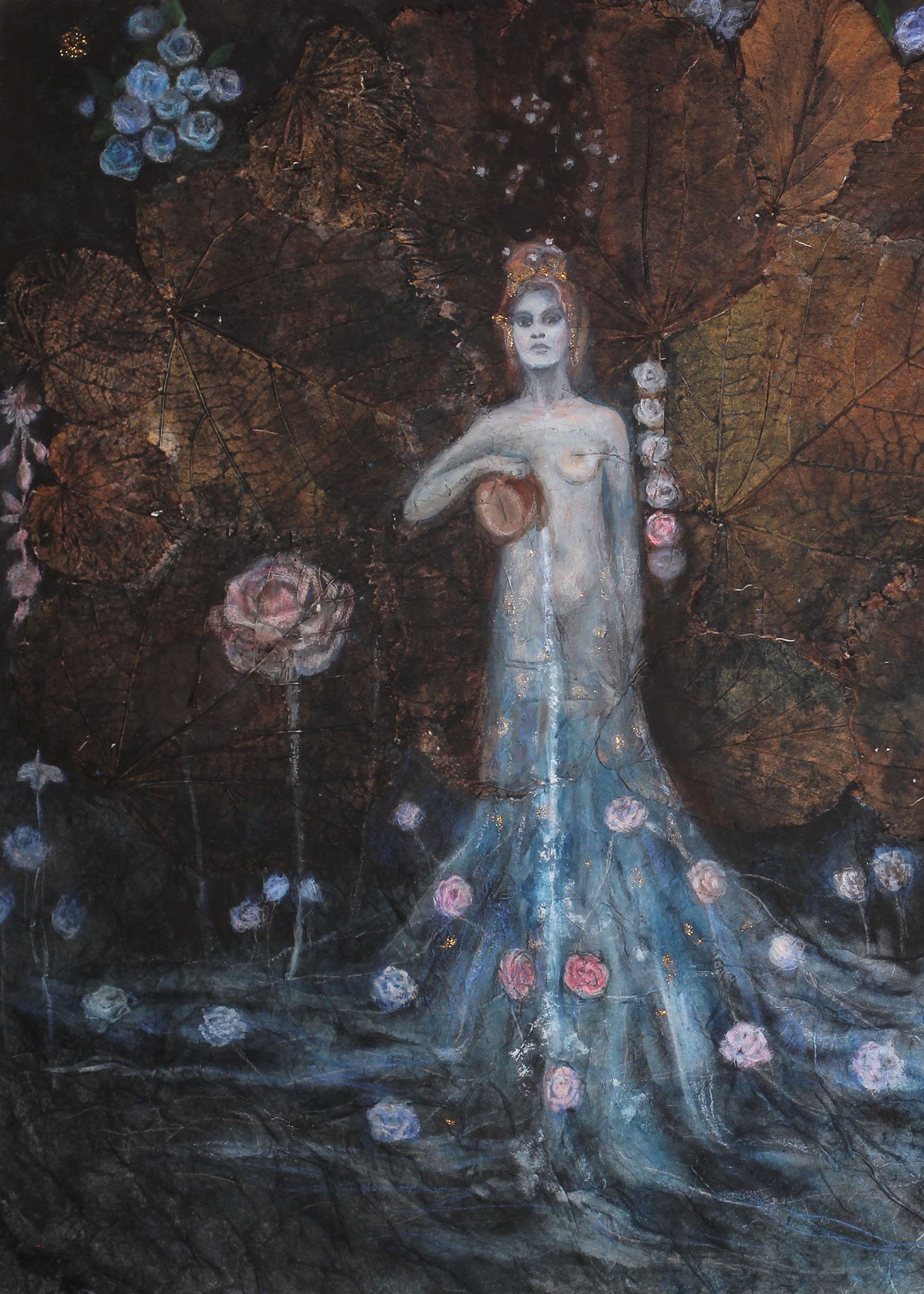 Women, flowers, and folkloric motifs arranged in a composition inspired by natural water cycles, with real leaves embedded in the artwork.