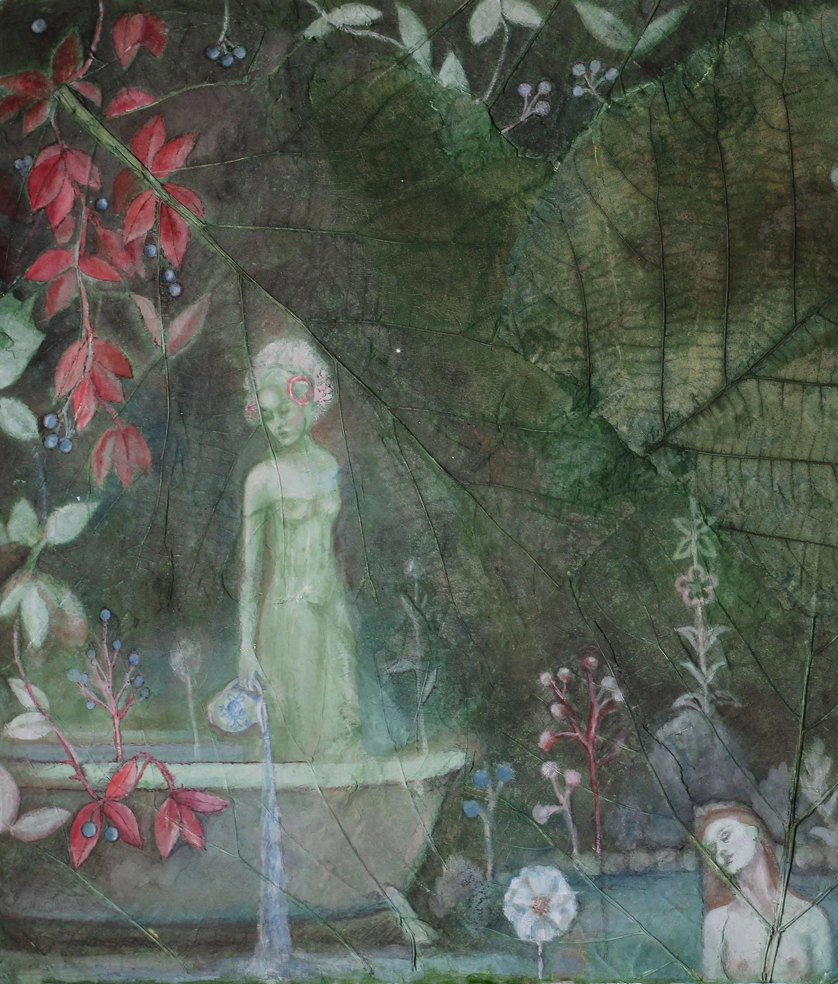 Female figures immersed in water surrounded by healing herbs and botanical elements.