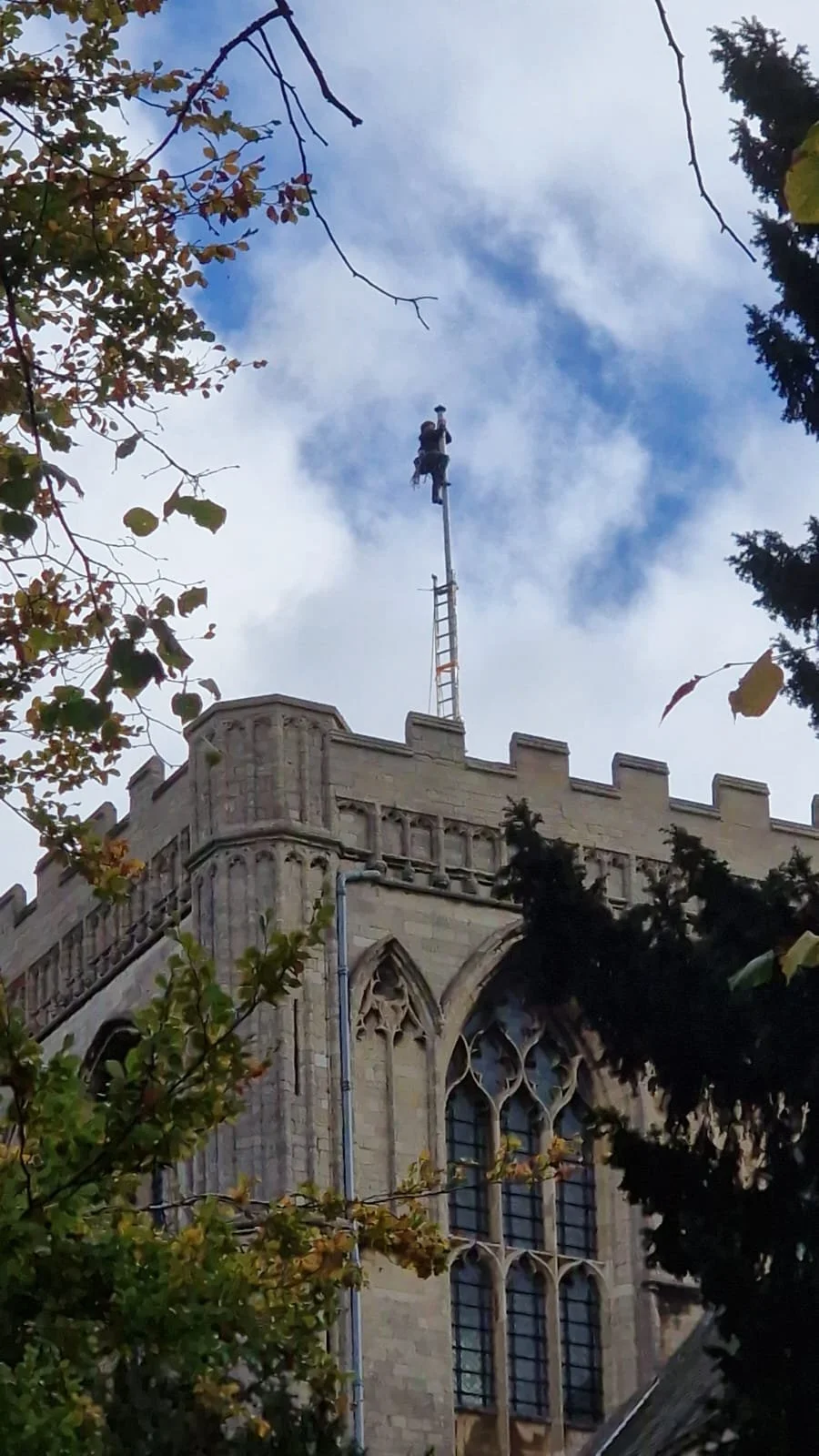 Fixing the flagpole on Peterborough Cathedral.