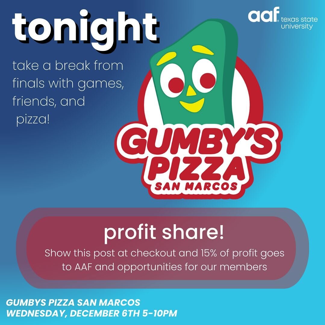 Need a break from finals? Stop by Gumby&rsquo;s Pizza TONIGHT for our last profit share of the semester! You can catch the best vibes and best pies from 5-10pm. See you there! 😎