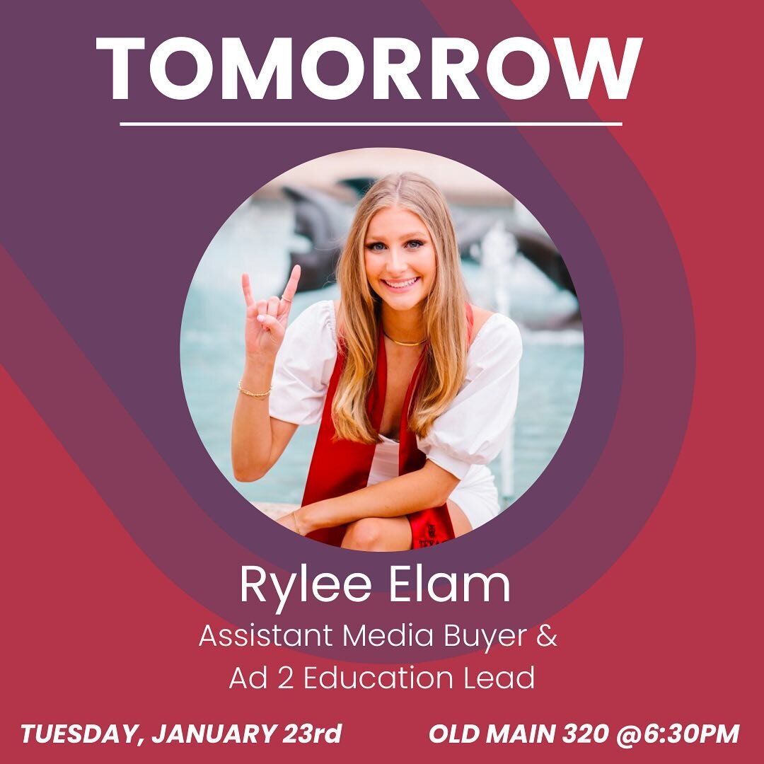 Join us TOMORROW for our first meeting of the spring semester!! 
Meet us in Old Main 320 to learn what AAF is all about and hear from Rylee Elam about opportunities through Ad 2 Austin. See you at 6:30 for pizza and all things advertising! 🍕