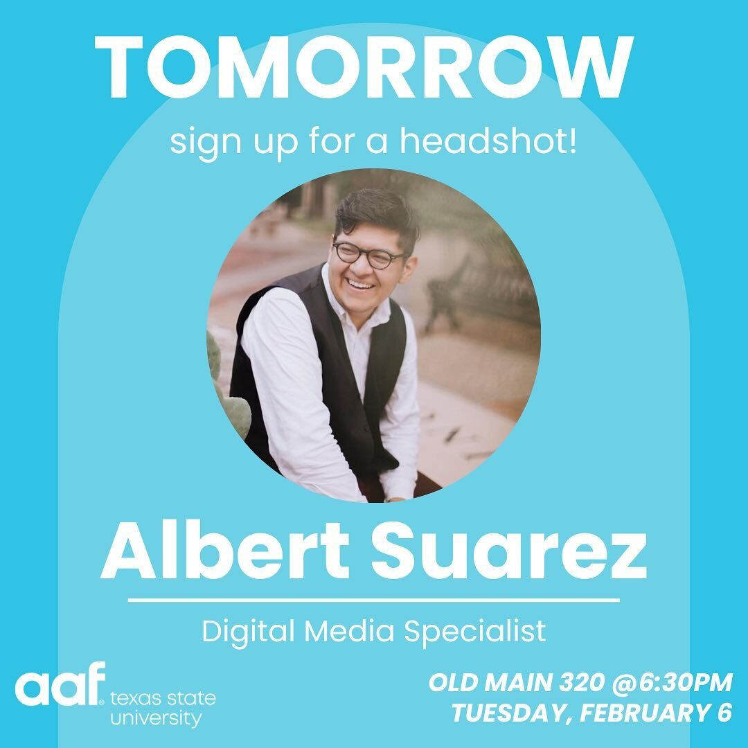 In need of a professional headshot? Join us TOMORROW and have one taken by Albert Suarez! See you in Old Main 320 at 6:30pm for pizza and pictures. Get ready to say cheese! Link in bio to sign up for a headshot 📸