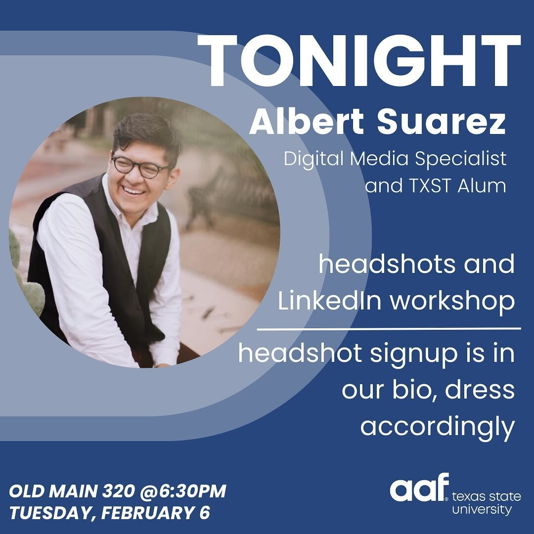 Need a headshot for your LinkedIn? Join us TONIGHT for a free headshot by Albert Suarez! We&rsquo;ll also be having a LinkedIn workshop to get your professional profile looking good and pizza to fuel your creativity. Meet us in Old Main 320 at 6:30pm