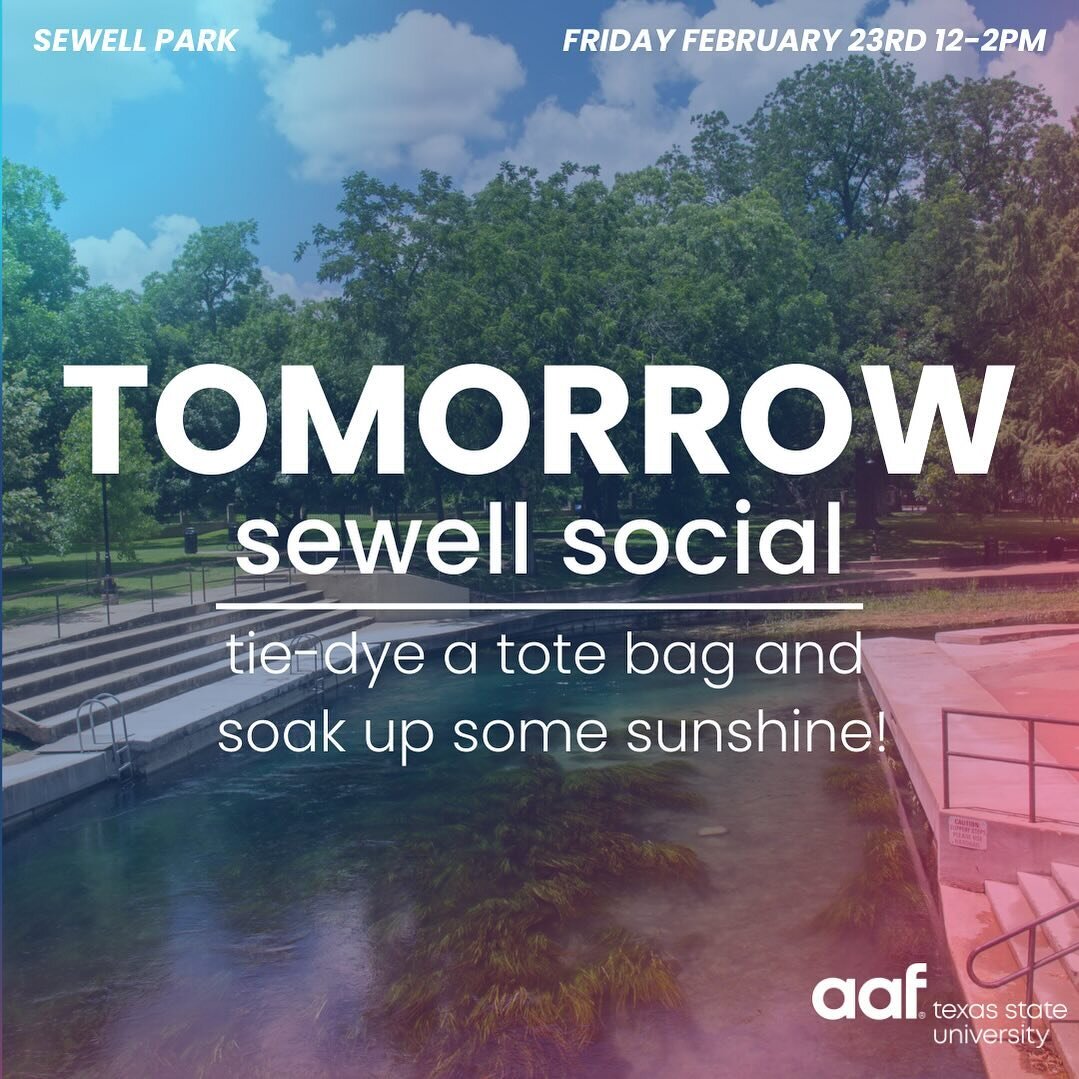 Join us TOMORROW at Sewell Park for our first social of the semester! Come tie-dye a tote bag, munch on some snacks and soak up the sunshine and good vibes from 12-2pm. See you there! ✌️☮️☀️😎