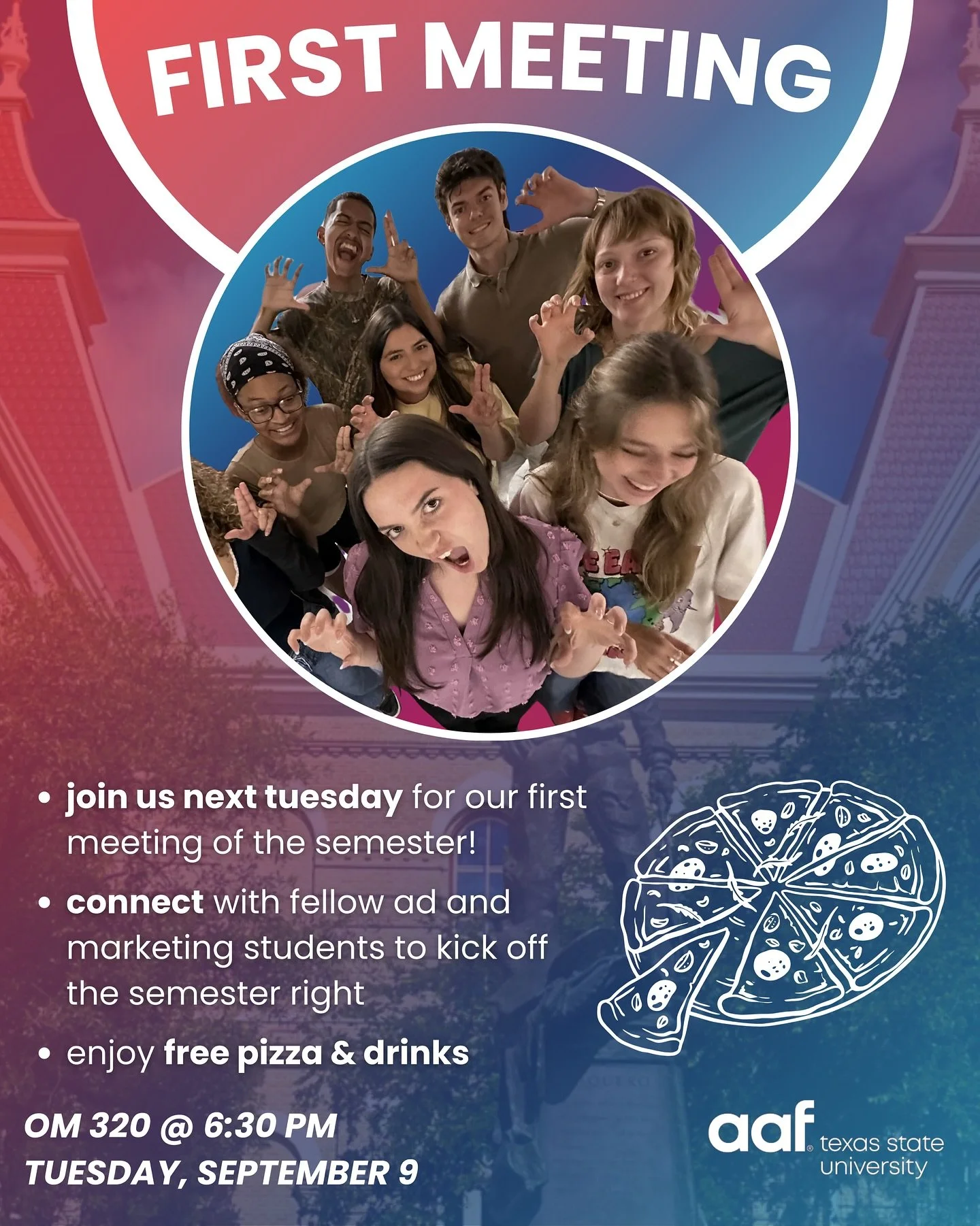 🤔 Unsure about the future? 

Don&rsquo;t have any advertising industry connections yet?

That&rsquo;s exactly why AAF is the perfect place for you 🙌✨

The best part? Our first meeting is next Tuesday, Sept. 9th at 6:30pm in old main 320🗓️

🍕🥤 Co