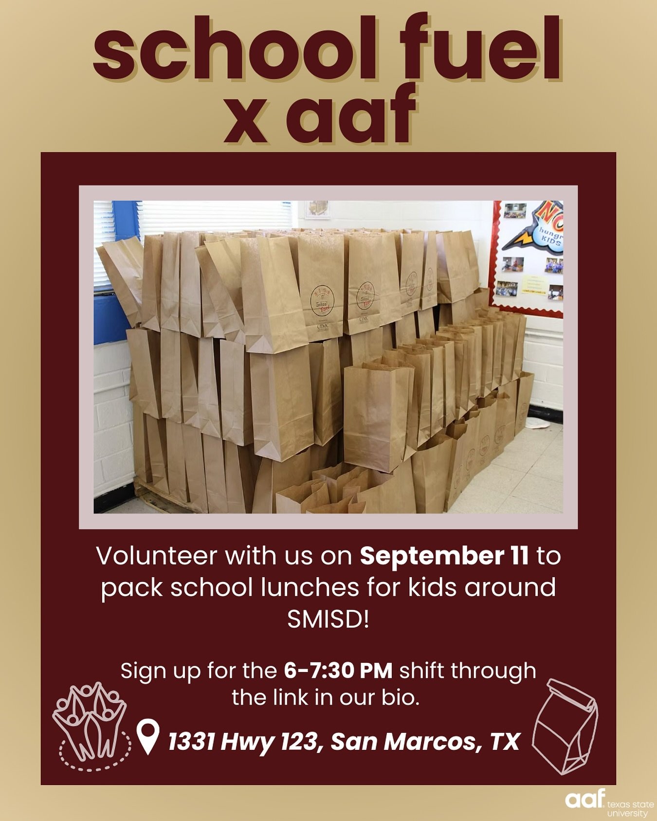 Hey Bobcats 👋
We&rsquo;re teaming up with School Fuel on Sept. 11 to help pack lunches for students in need 🥪🍎

We&rsquo;ve got a few volunteer spots open &mdash; so grab a friend and come hang out while doing some good for our local school distri