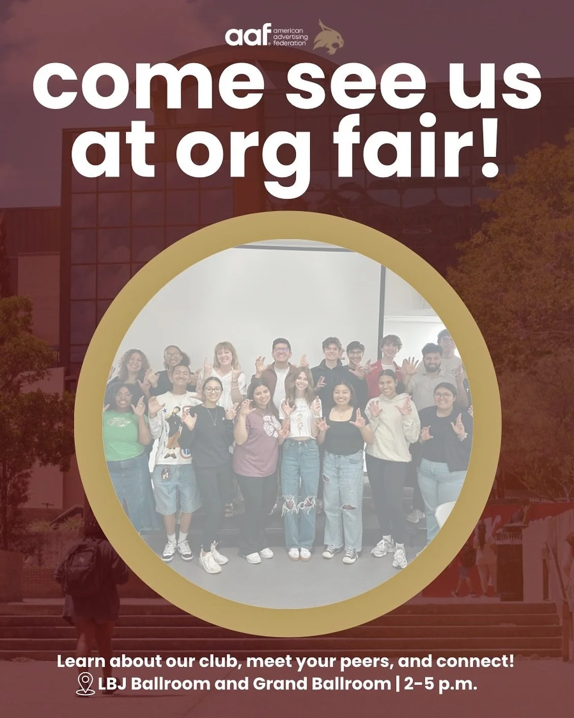 We will be in the LBJ ballroom today from 2-5pm. 😺

Come say hi and learn about AAF TXST!

#txstsjmc #aaftxst