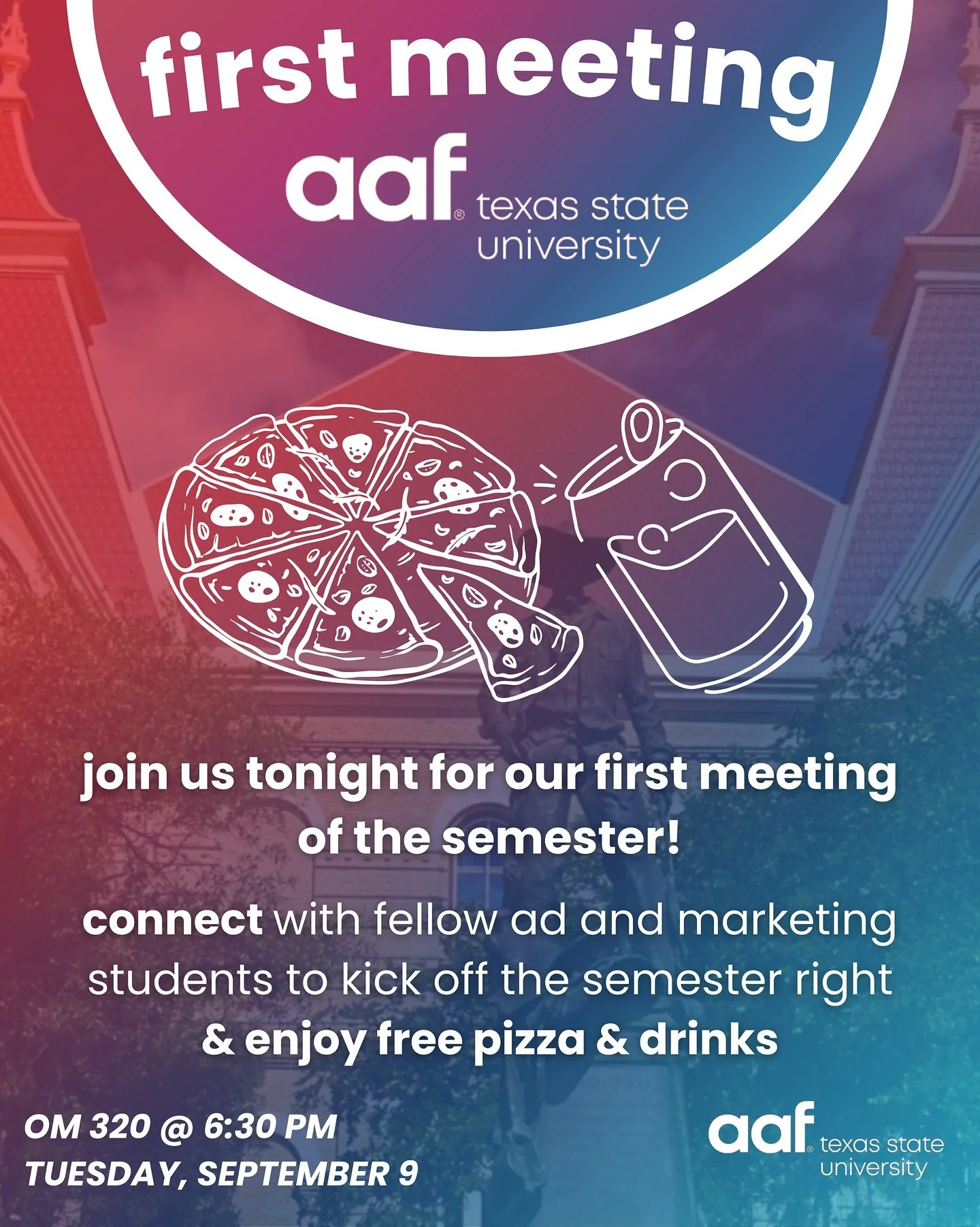 Our first meeting is TONIGHT! 

We&rsquo;re kicking off the semester with FREE PIZZA🍕 and DRINKS🥤

Old Main 320, 6:30pm 🎉

✨ Meet the officers
✨ Learn what&rsquo;s coming up this semester
✨ Connect with new friends

All are welcome so bring your f