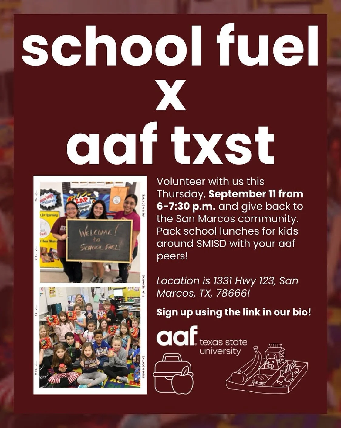 ✨ Join us tomorrow for our first volunteer event of the semester! ✨

We&rsquo;re partnering with @schoolfuelsmtx from 6&ndash;7:30 PM on Thursday, Sept 11.
Come give back, connect, and make a difference with us! 💙🙌