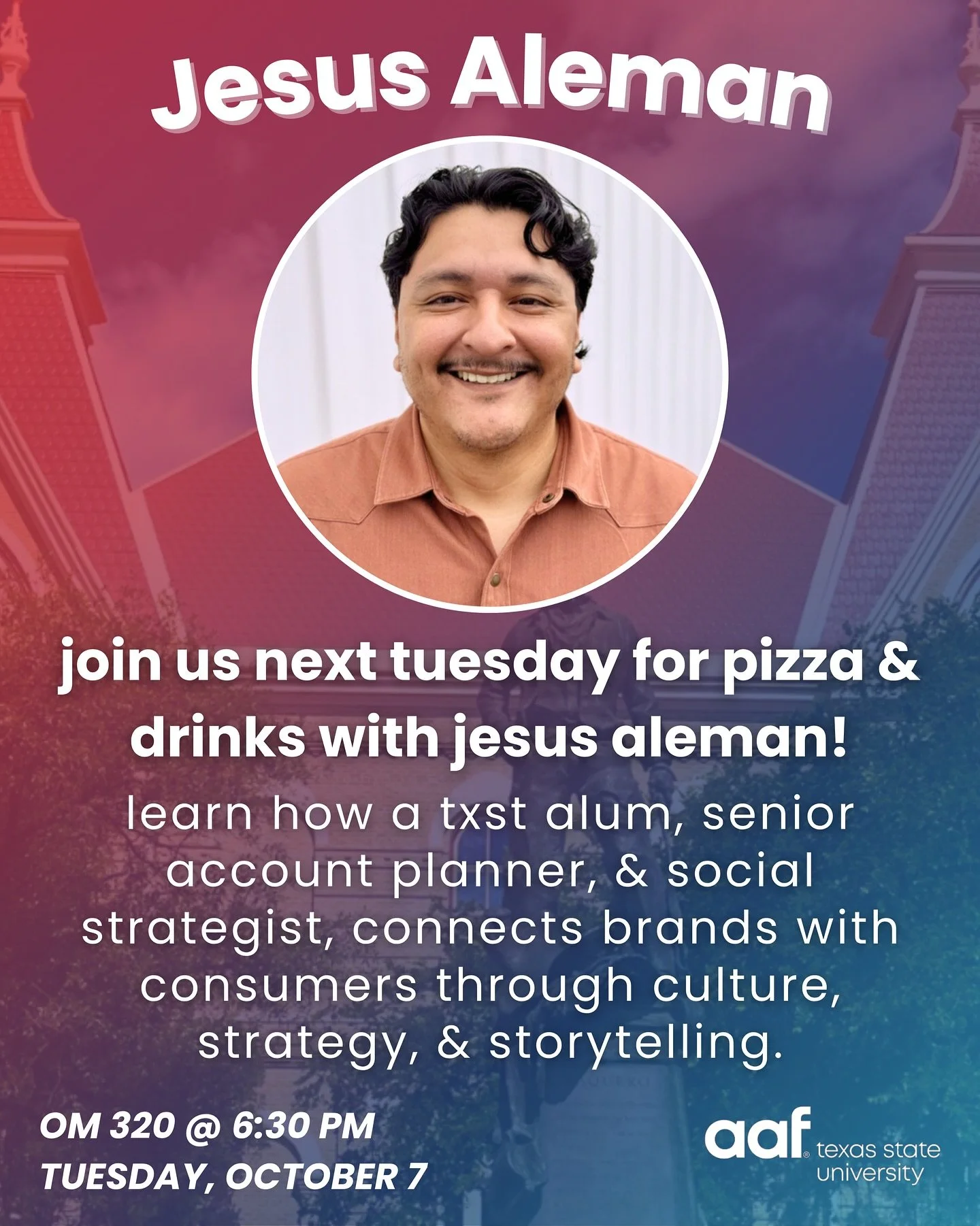 We&rsquo;re excited to welcome Jesus Aleman to share his professional journey + story with us! 

📅 When: Tuesday | 6:30 PM
📍 Where: Old Main 320
🍕 What: Free pizza, free drinks &amp; networking

Last meeting was a huge success and we had a lot of 
