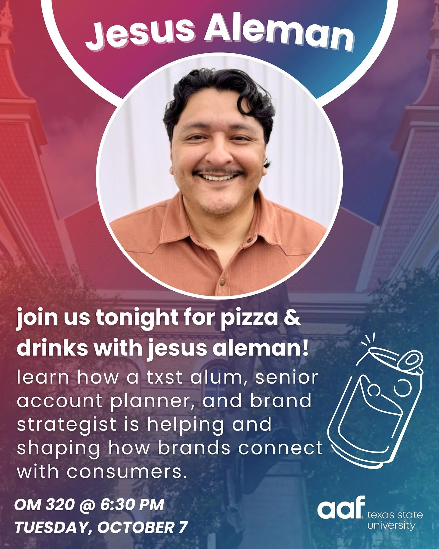 We&rsquo;ve got another guest speaker tonight! 

Come on out as we welcome and hear from Jesus Aleman. Senior account planner and brand strategist. 🔥

Old main 320
6:30pm!

As always free drinks and free pizza will be provided so bring your friends!