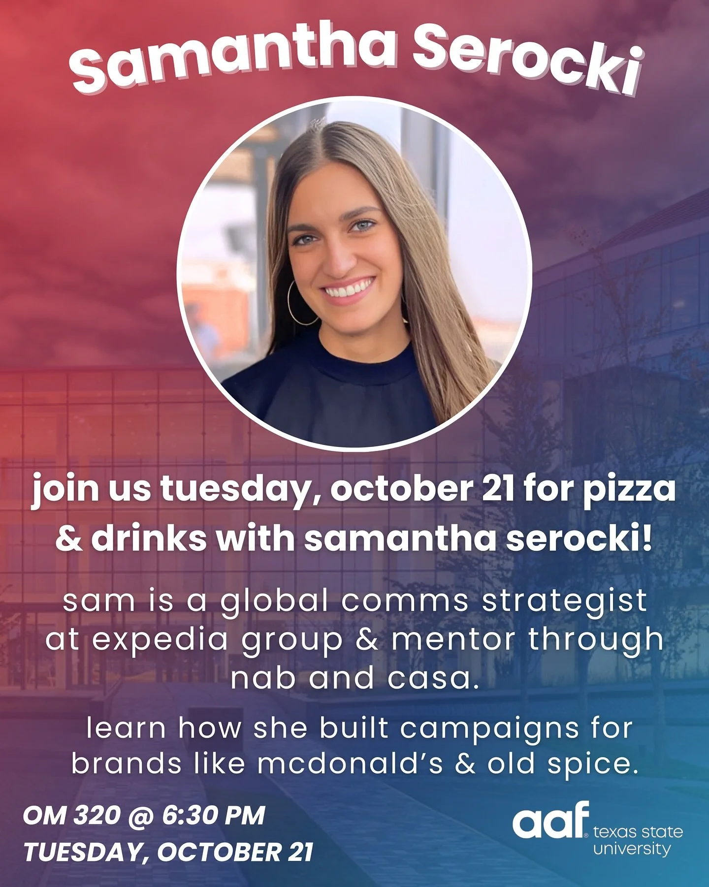 Coming up next week!
We&rsquo;re excited to welcome Samantha Serocki to share her story and experience with us! 🎤✨

🍕 Free pizza + drinks
📍 Old Main 320
🕡 Tuesday | 6:30 PM

Don&rsquo;t miss it &mdash; come hang out, learn, and bring your friends