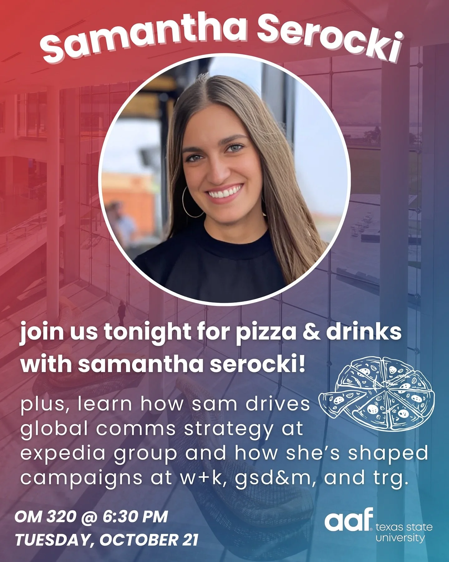 Come join us tonight as we welcome and listen to Samantha Serocki! 

As always we will have free drinks and pizza so please feel free to bring your friends! 🥤🍕

We will meet in Old Main 320 at 6:30pm! 

See y&rsquo;all tonight! ✨

#txstaaf #txstsjm