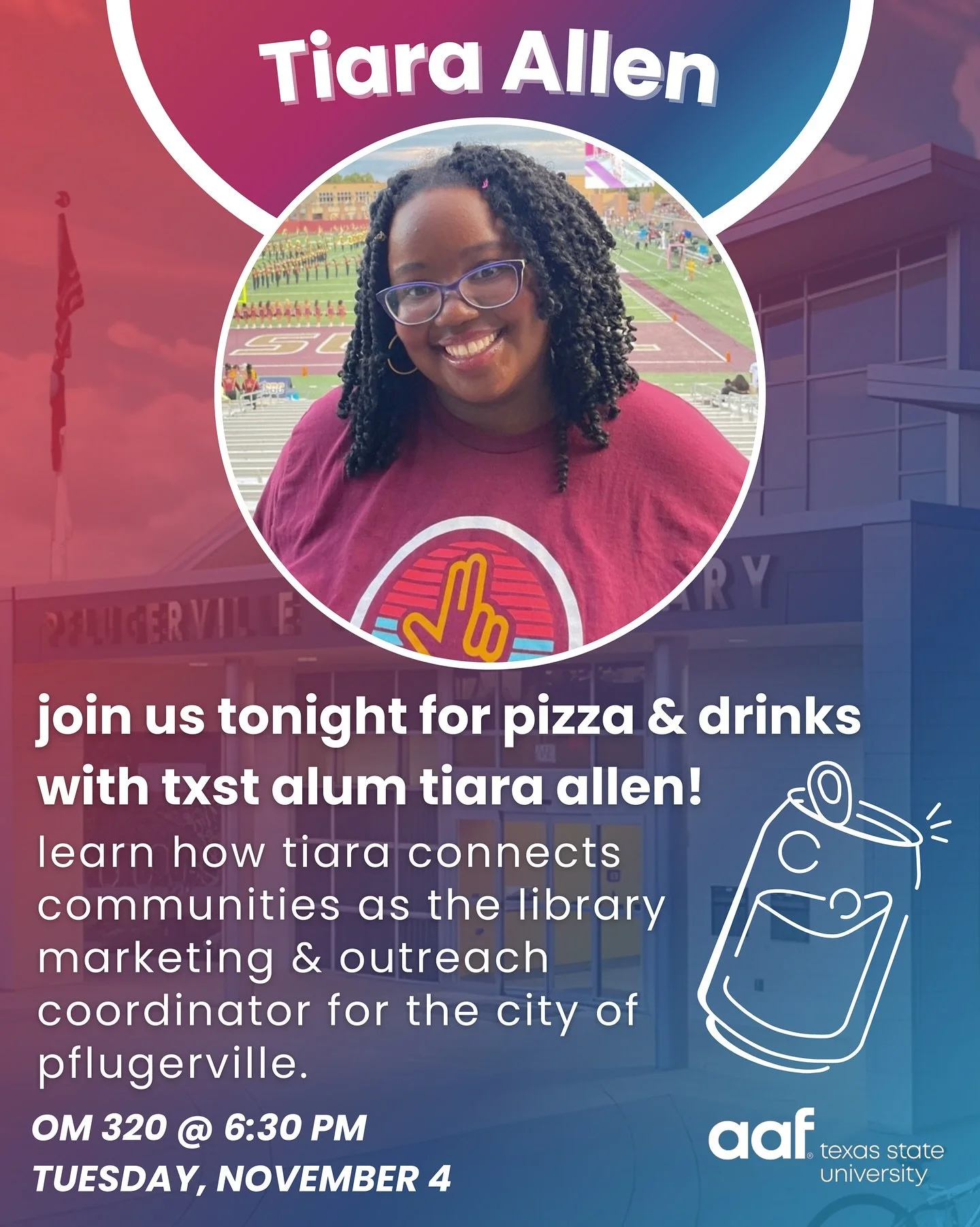 Calling all bobcats! 😸

Join us tonight as we welcome Texas State alum Tiara Allen, Marketing Research Coordinator, to share her insights and career experiences! 

Don&rsquo;t miss out on free pizza and drinks in Old Main 320 at 6:30 PM. See you the