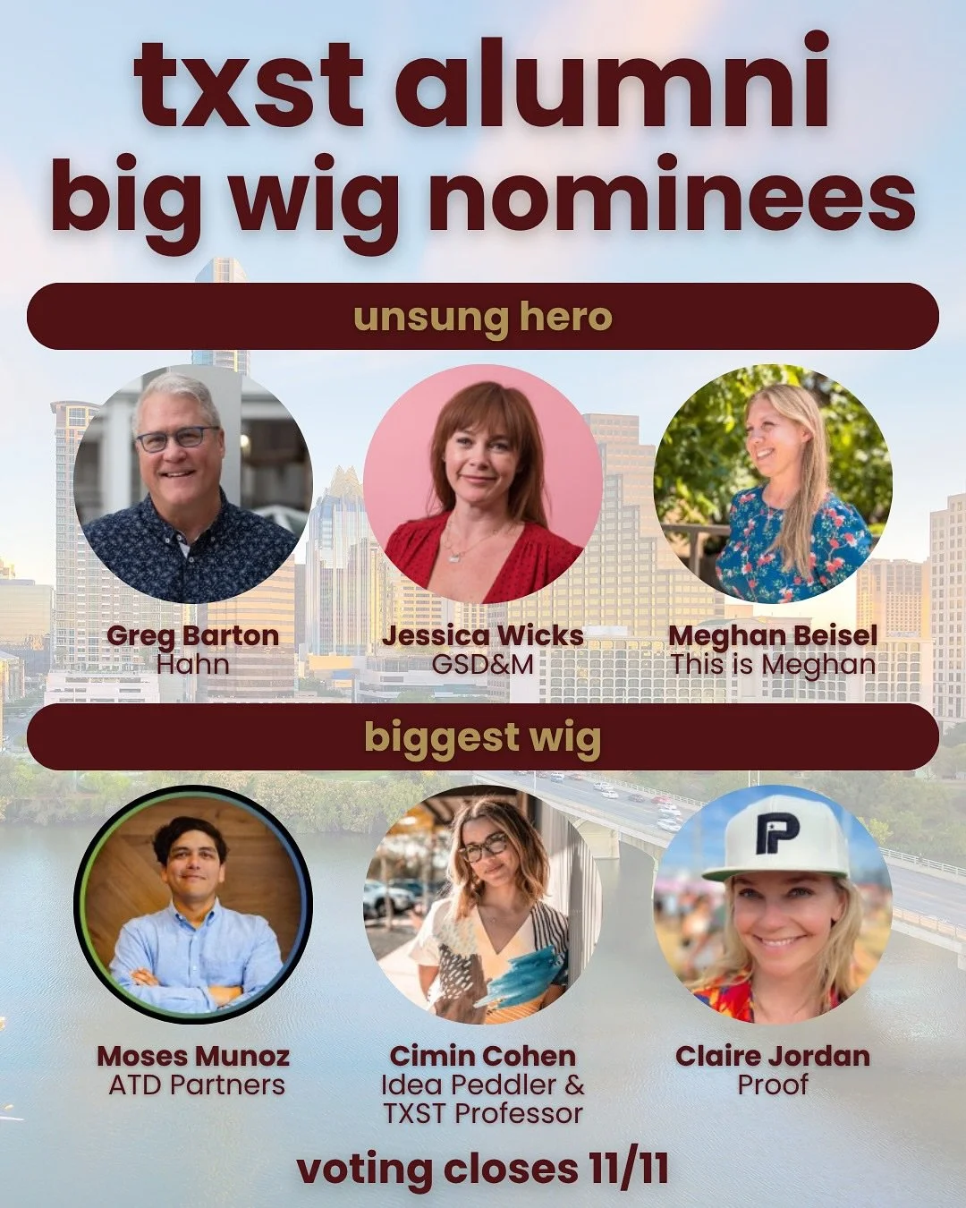 Hey bobcat family 😸
Big Wigs is finally around the corner! 
We&rsquo;ve got so many amazing alumni nominated this year! ✨
Show your support and vote for your favorite nominees by googling bigwigs voting Austin. Or checking our LinkedIn.
#txstsjmc #a