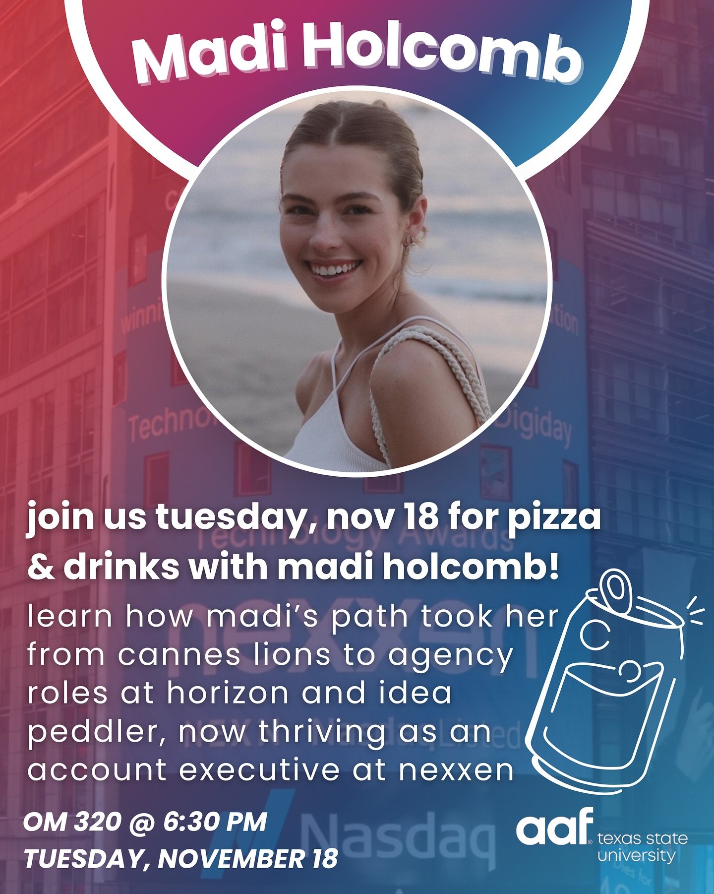 Mark your calendars!✨

Next Tuesday (11/18) we&rsquo;re hosting Madi Holcomb from Nexxen 🎤

📍 Old Main 320 | ⏰ 6:30PM | 🍕 Free pizza &amp; drinks

You don&rsquo;t want to miss it 👏