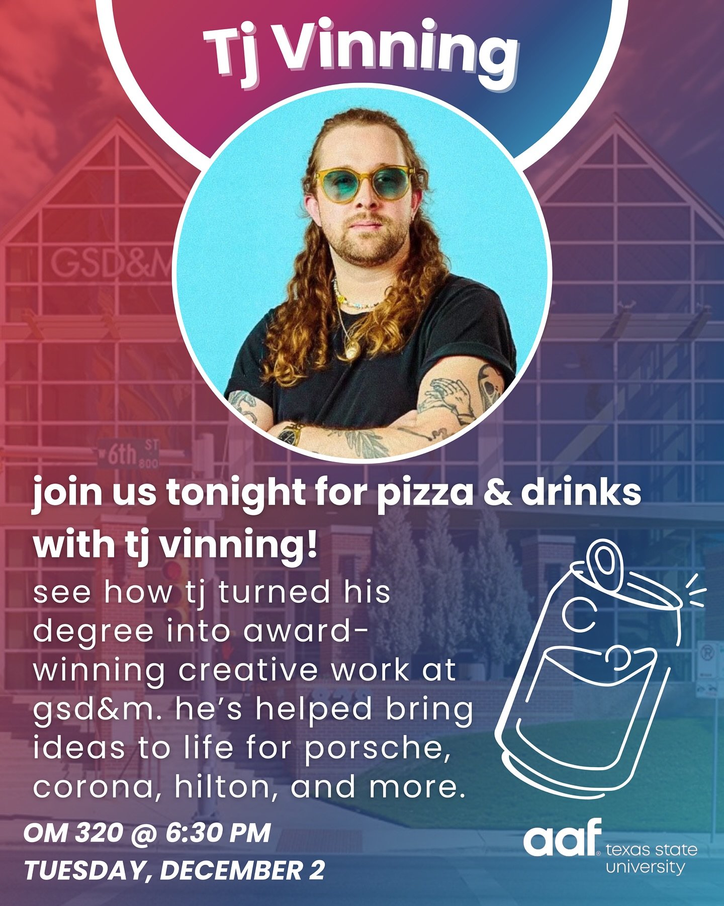 📣 Calling all aspiring creatives!

Come join us tonight at 6:30 PM in Old Main 320 as we welcome TJ Vinning from GSD&amp;M 🎨✨

It&rsquo;s our last meeting of the semester, so bring your friends and let&rsquo;s pack this room out 🙌💥

We&rsquo;ll h
