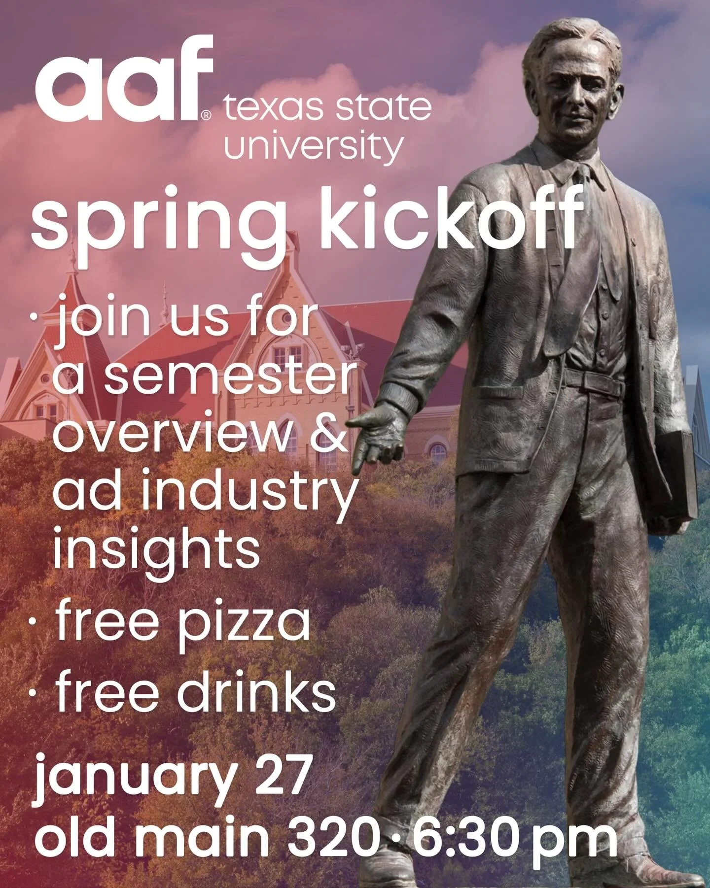 Our 1st meeting of the semester is coming next week! Join us next Tuesday as we kick off the semester with our bi weekly meetings in old main 320!✨

As always bring your friends and come join us for free drinks and pizza! 🍕 

#aaftxst #txstsjmc