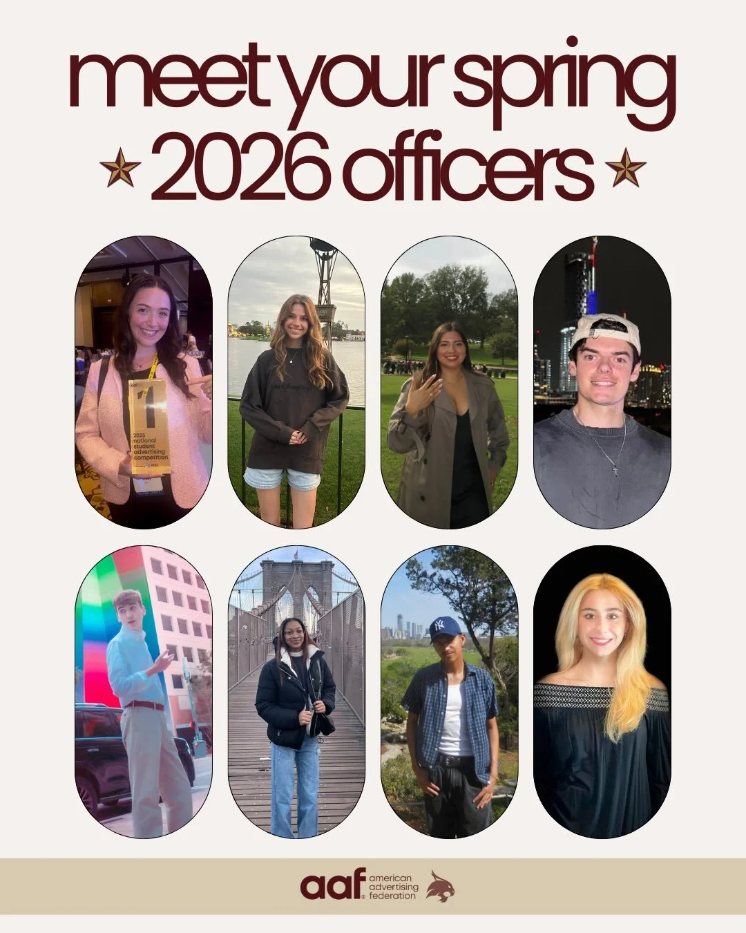 Meet AAF TXST Spring Officers! We are excited to welcome everyone back and kick off the semester!

Join us for our first meeting tomorrow evening at 6:30pm in Old Main 320! ✨