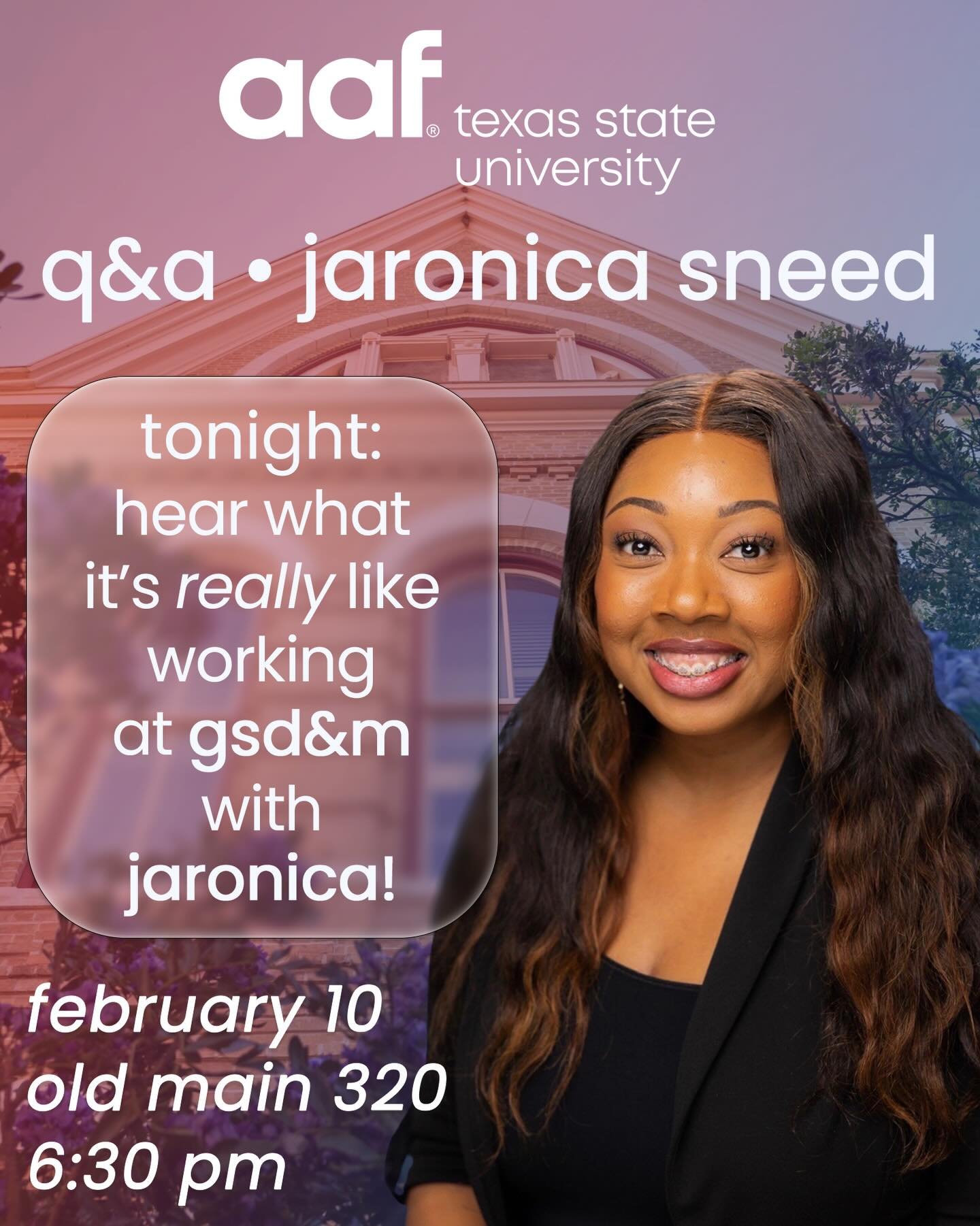 Tonight! Join us for an amazing meeting featuring guest speaker and account planner at GSD&amp;M Jaronica Sneed! ✨

We&rsquo;re super excited and hope to see ya&rsquo;ll there! As always bring your friends and come enjoy free drinks and pizza! 🍕

#a