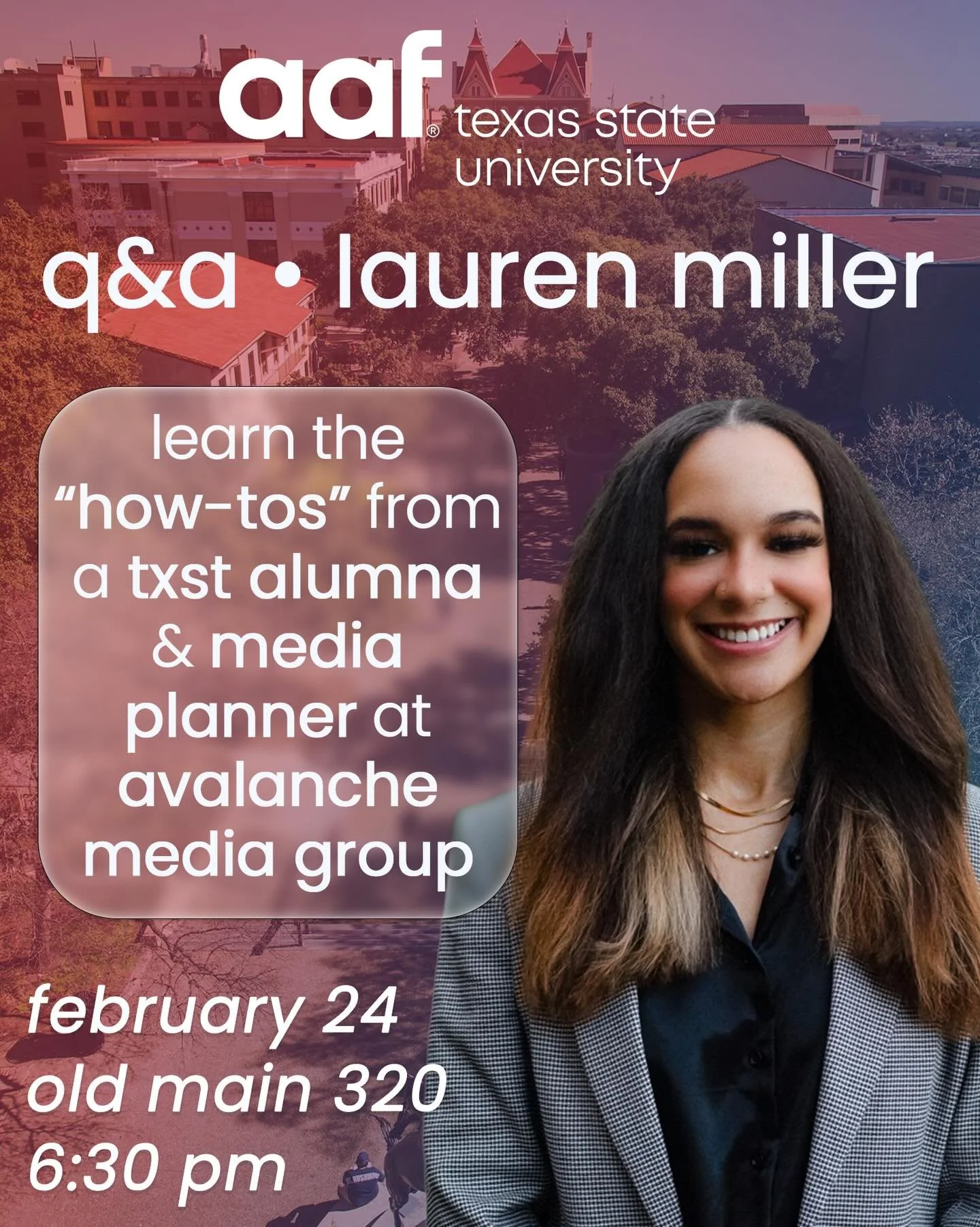 Join us tonight! As we welcome and hear from Lauren Miller Account Planner at Avalanche Media Group in Old Main 320 at 6:30pm! 

Lauren will share about her experience in the industry and offer us some valuable insights into what makes account planni