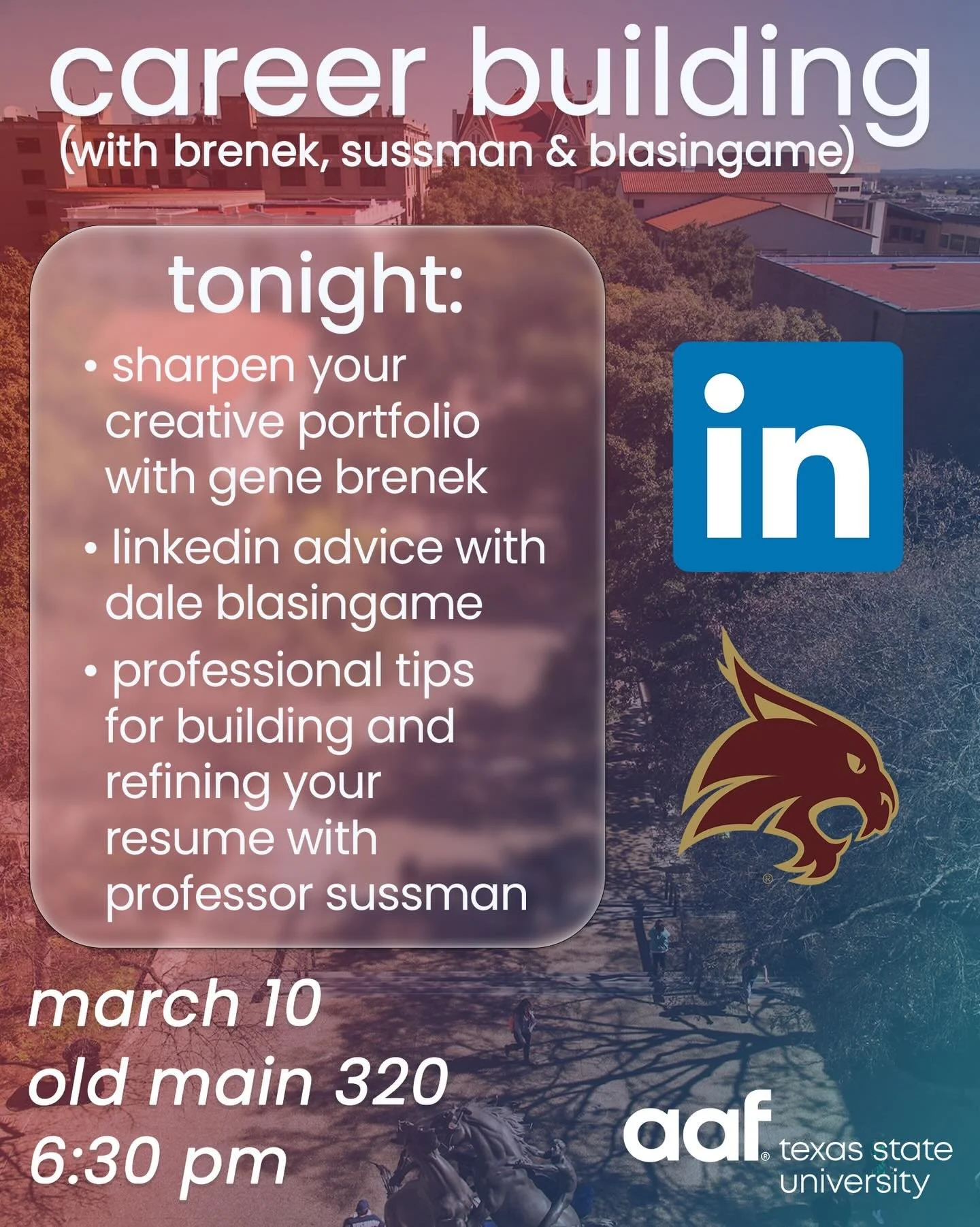 Calling all bobcats especially seniors gearing up to graduate! 🎓

Join us tonight for a career building workshop  in old main 320 at 6:30pm! Bring your resume, portfolio, and LinkedIn profile! ✅✏️

This is a great way to get expert advice from our f
