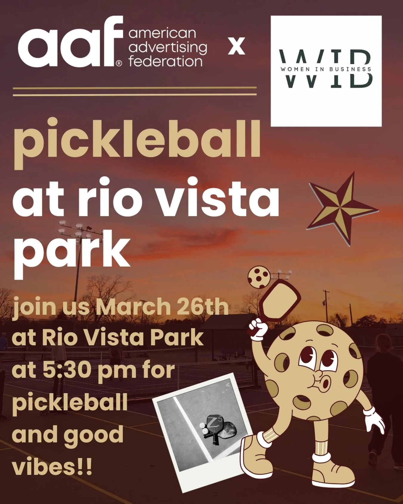 Heads up! 🏓

We&rsquo;re excited to announce pickle ball in the park! 

In partnership with Texas state chapter of Women in business!🌞

Join us on March 26th at 5:30 at Rio vista park! 🏆

#txstsjmc #aaftxst #aaf