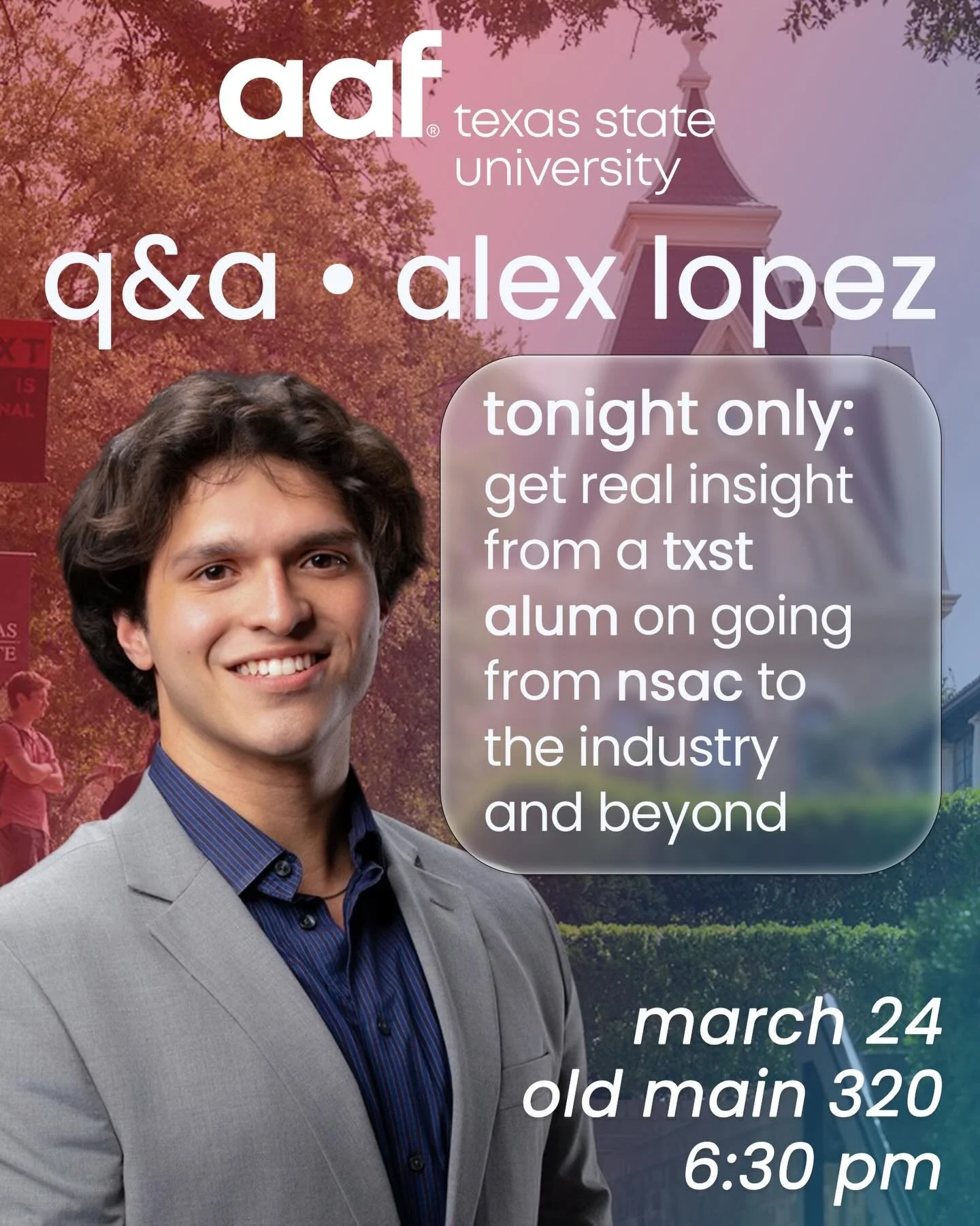 Join us Tonight! Tuesday March 23rd! 🌟

As we welcome Texas State Alumni Alex Lopez and Ryan Eldridge! The two will be hosting a coffee chat style panel and presentation about navigating post grad life and finding a job in the industry! 🎓

As alway