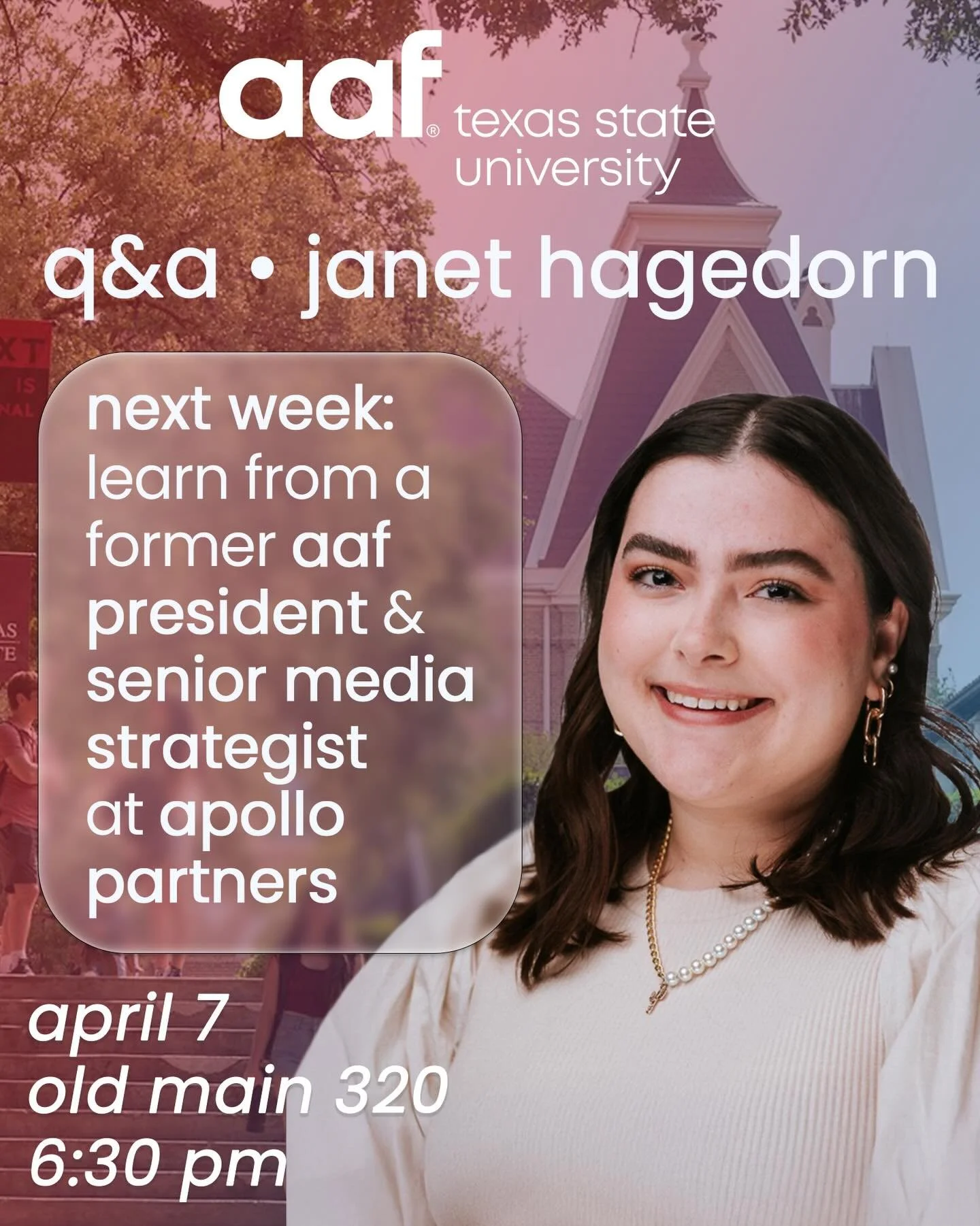 We&rsquo;re excited to welcome Janet Hagedorn, Senior Media Strategist at Apollo, next week!

Save the date, bring your friends, and don&rsquo;t miss it. See y&rsquo;all there.

#aaftxst #aaf #txstsjmc