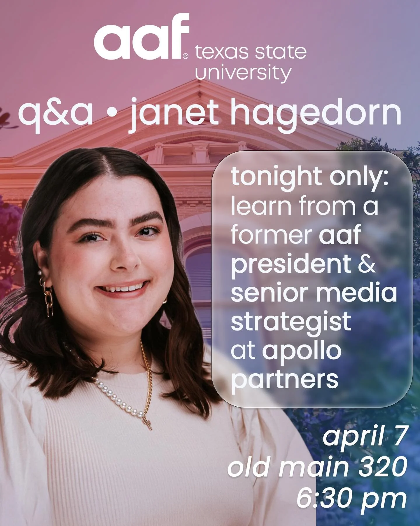 Join us tonight in Old main 320 as we welcome TXST alum Janet Hagedorn back on campus to share her story breaking into the Ad industry! 

As always bring your friends and come enjoy free drinks and pizza 🍕🥤

#aaftxst #txstsjmc #txst