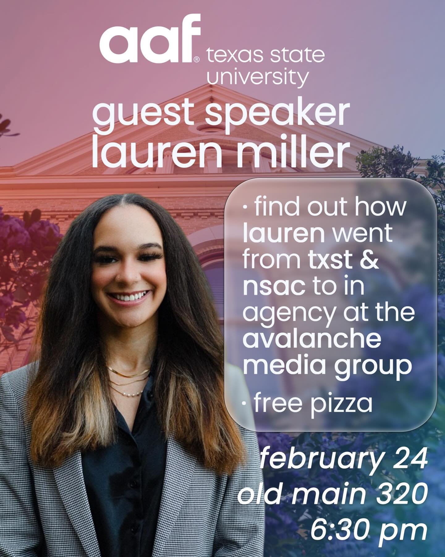 Join us! Next week as we welcome Guest Speaker Lauren Miller! We will be meeting at 6:30 in old main 320 February 24th. Mark your calendars and tell your friends! ✨

We will have free drinks and pizza 🍕 
So come on out and join us as we continue to 