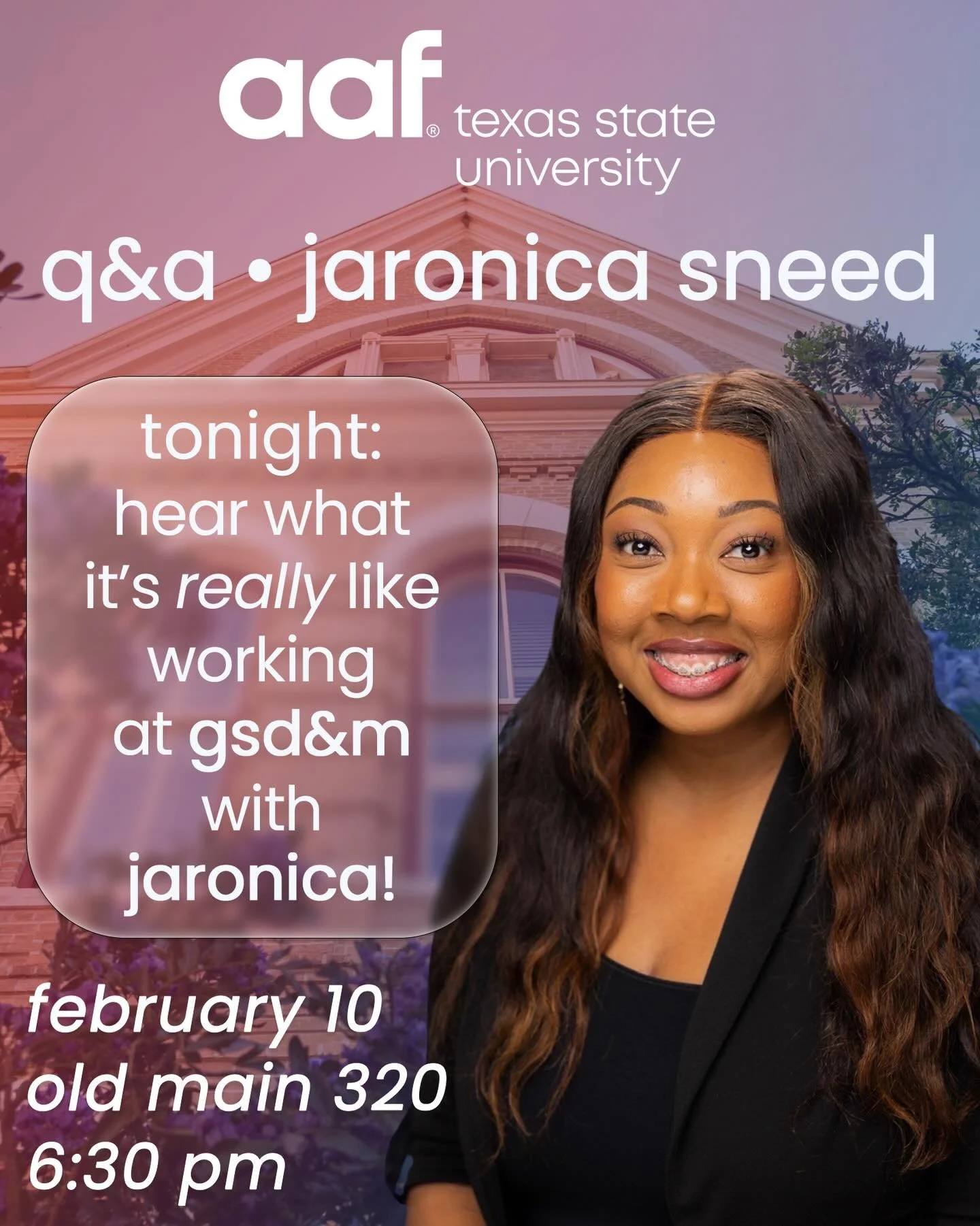 Tonight! Join us for an amazing meeting featuring guest speaker and account planner at GSD&amp;M Jaronica Sneed! ✨

We&rsquo;re super excited and hope to see ya&rsquo;ll there! As always bring your friends and come enjoy free drinks and pizza! 🍕

#a