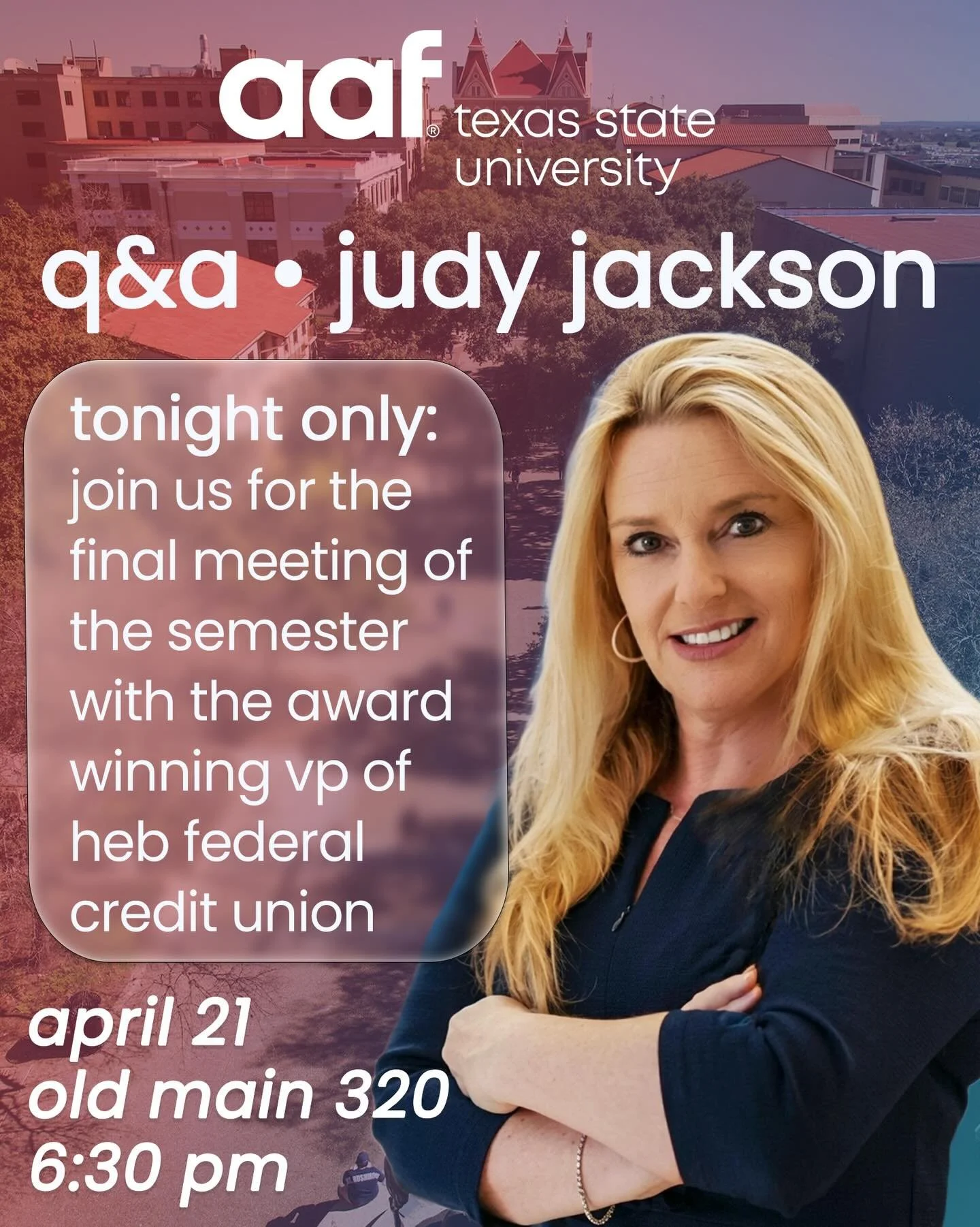 Well that flew by fast!

 Calling all AAF members non members and all bobcats tonight is our last AAF meeting for the semester! 

We are excited and grateful to welcome Judy Jackson to campus as she talks about her experience and shares some knowledg
