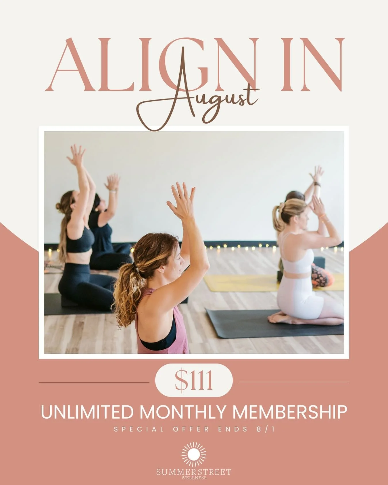 Ready to realign your routine?😊

We&rsquo;re kicking off August with an exclusive new member special:
✨ $111 for 1 month of unlimited yoga ✨
Whether you&rsquo;re building a new habit or deepening your practice, now&rsquo;s the time to commit to your