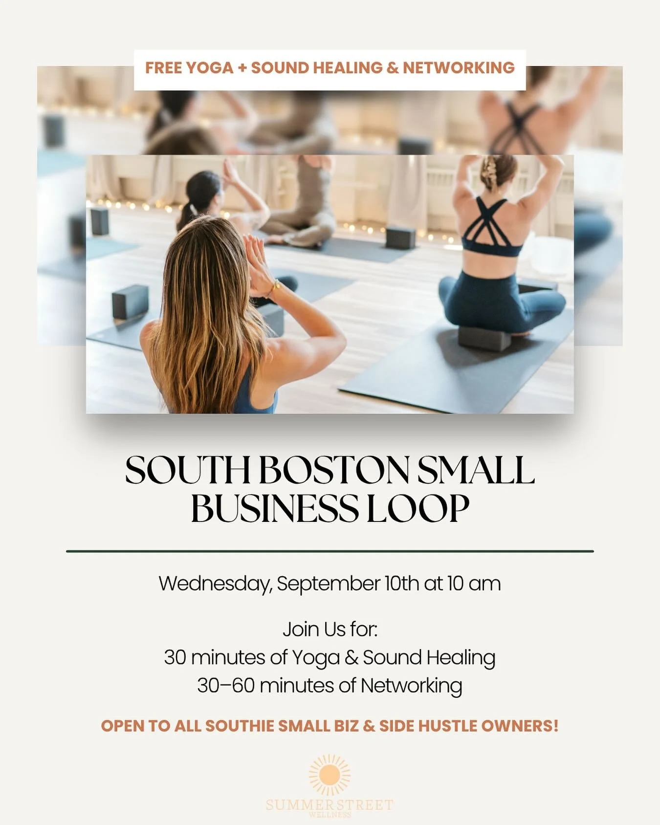 South Boston Small Business Loop &ndash; Let&rsquo;s Meet! 🧘&zwj;♀️✨

Join us Tuesday, 9/10, at 10 AM for a relaxing and energizing FREE yoga and sound healing session led by the incredible Krysta-Lyn (30 minutes), followed by 30&ndash;60 minutes of