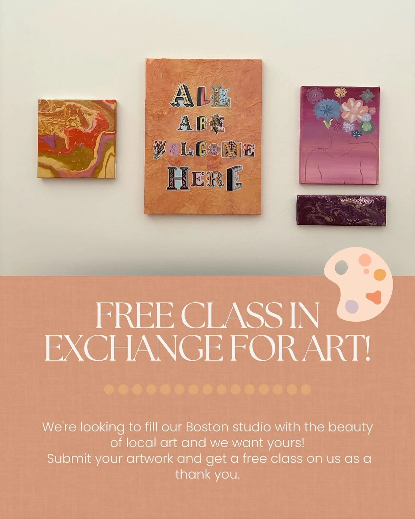 🎨 Calling All Local Artists!

We&rsquo;re looking to fill our Boston studio walls with artwork from the amazing creatives in our community and we&rsquo;d love to feature you!

As a thank you, you&rsquo;ll receive a free class on us. 🧘&zwj;♀️✨

Whet