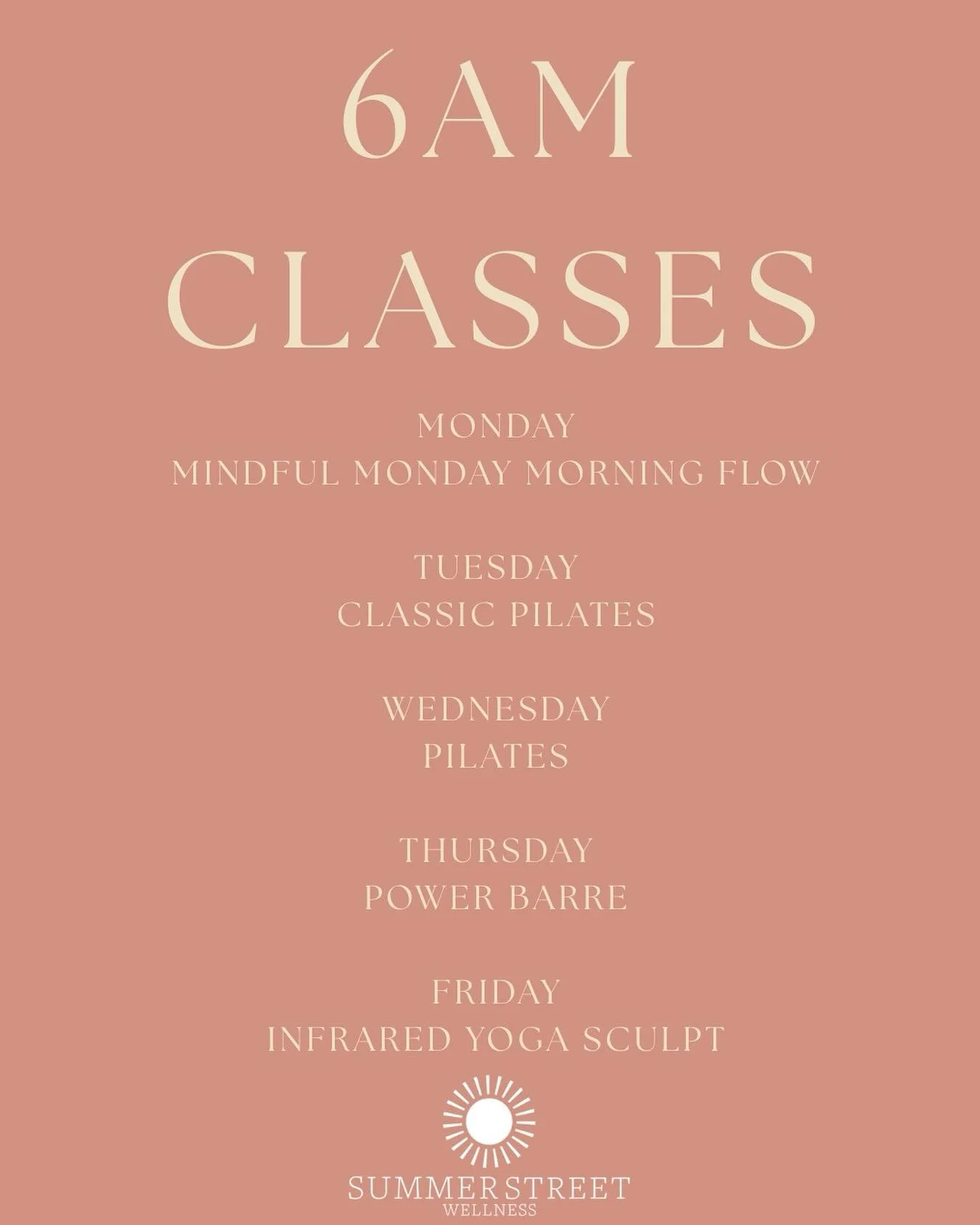 Where are our early birds at?

6am crew, we got you!

Monday
Mindful flow @samantha_donohue 

Tuesday
Classic Pilates @michellemharrington 

Wednesday
Pilates @wellness_by_ali 

Thursday
POWER Barre @kellydaigle13 

Friday
Infrared Yoga Sculpt @carol