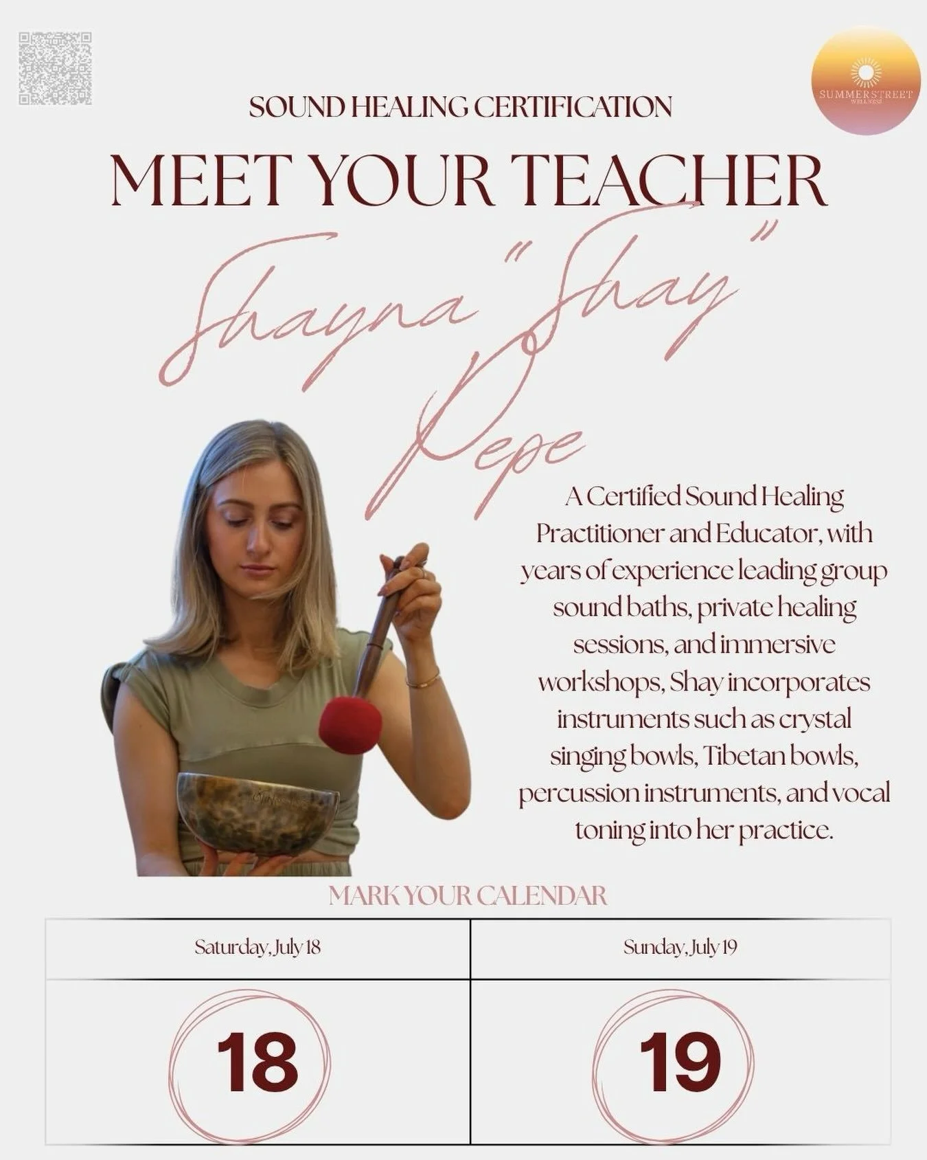 Meet your teacher, Shayna &ldquo;Shay&rdquo; Pepe. ✨

Join Shay for our upcoming Vibrational Wellness: Comprehensive Sound Healing Certification this July. She brings a wealth of knowledge and a passion for helping others discover the transformative 