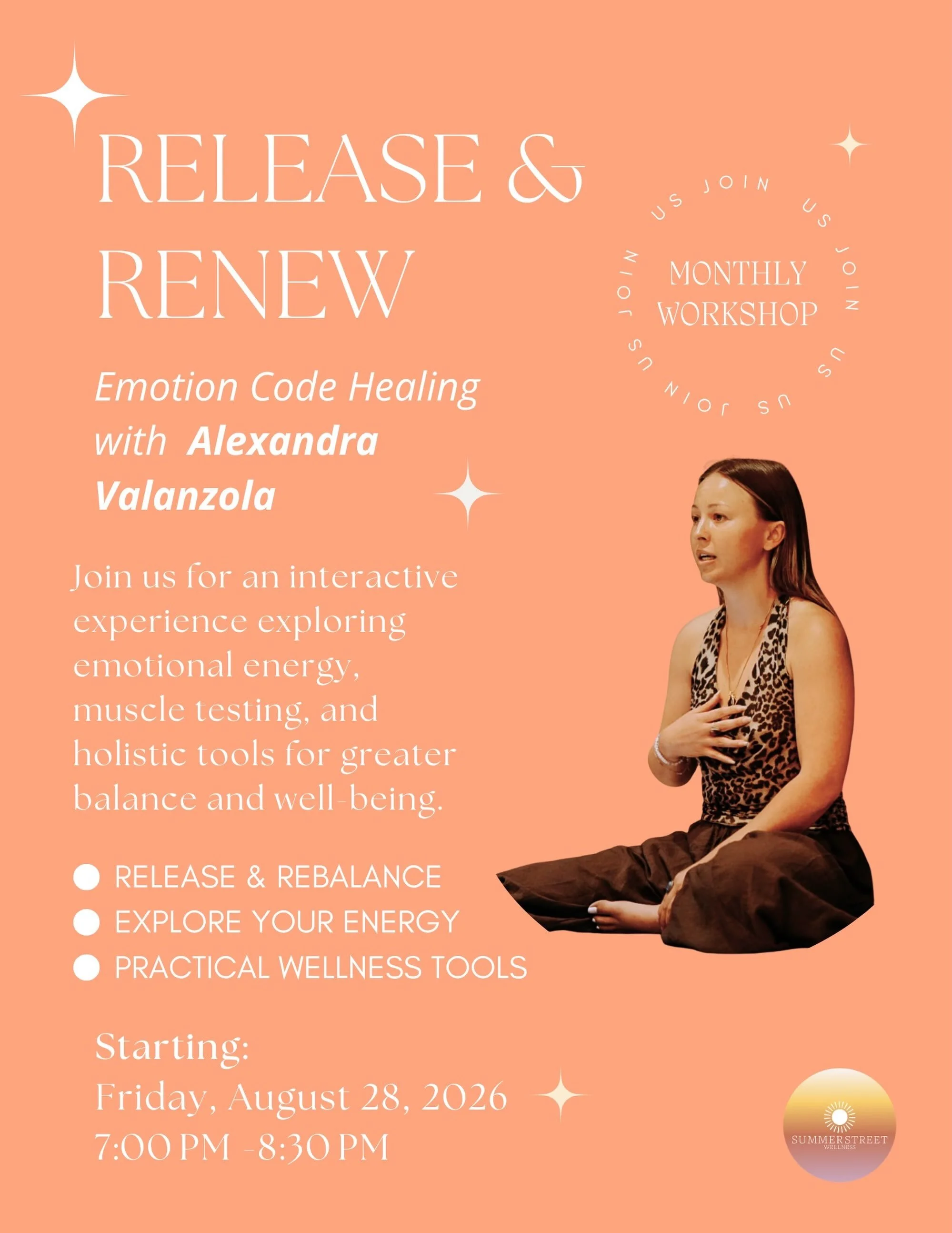 Emotion Code Healing Workshop with Alexandra Valanzola, founder of @bellybeats. Every 4th Friday at Summer Street Wellness