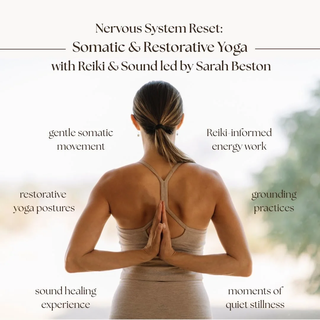 ✨ Nervous System Reset: A Somatic Journey ✨

What if you gave yourself two full hours to simply slow down, soften, and come back to yourself? 🤍

Join us Saturday, September 5th for an immersive afternoon of somatic movement, restorative yoga, breath