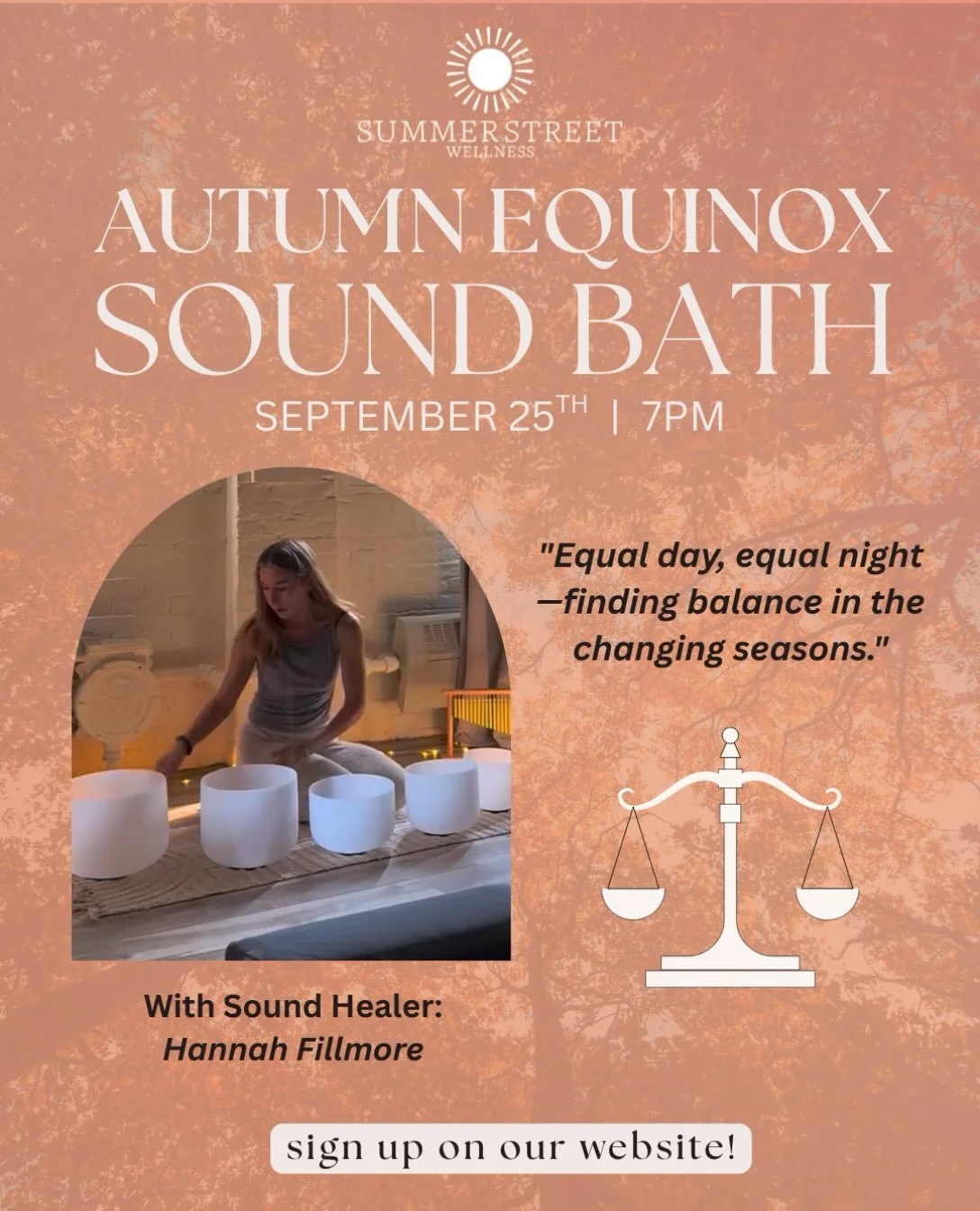 🍂 Autumn Equinox Sound Bath with Hannah Fillmore 🌕✨

As we welcome the shift from summer into fall, join us for an evening of stillness, reflection, and renewal beneath the glow of the nearly full Harvest Moon.

On Friday, September 25th at 7PM, se