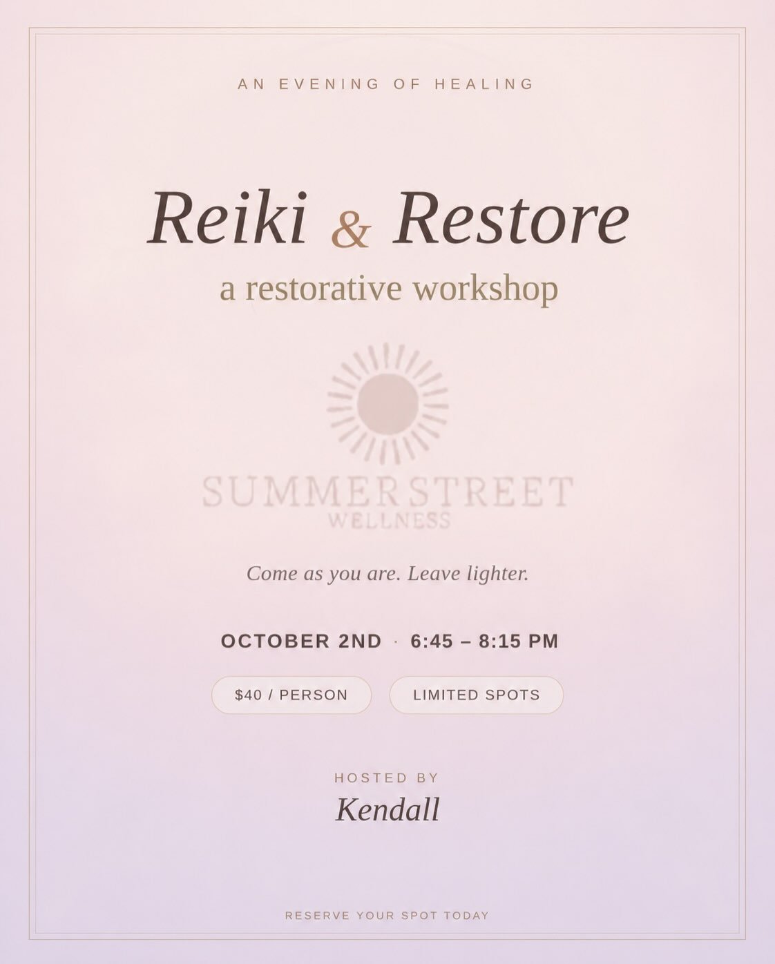 As the seasons change, give yourself permission to slow down and reset. ✨✨

Join Kendall for a grounding experience combining gentle restorative movement, guided meditation, Reiki, and sound to help you release the busyness of summer and reconnect wi