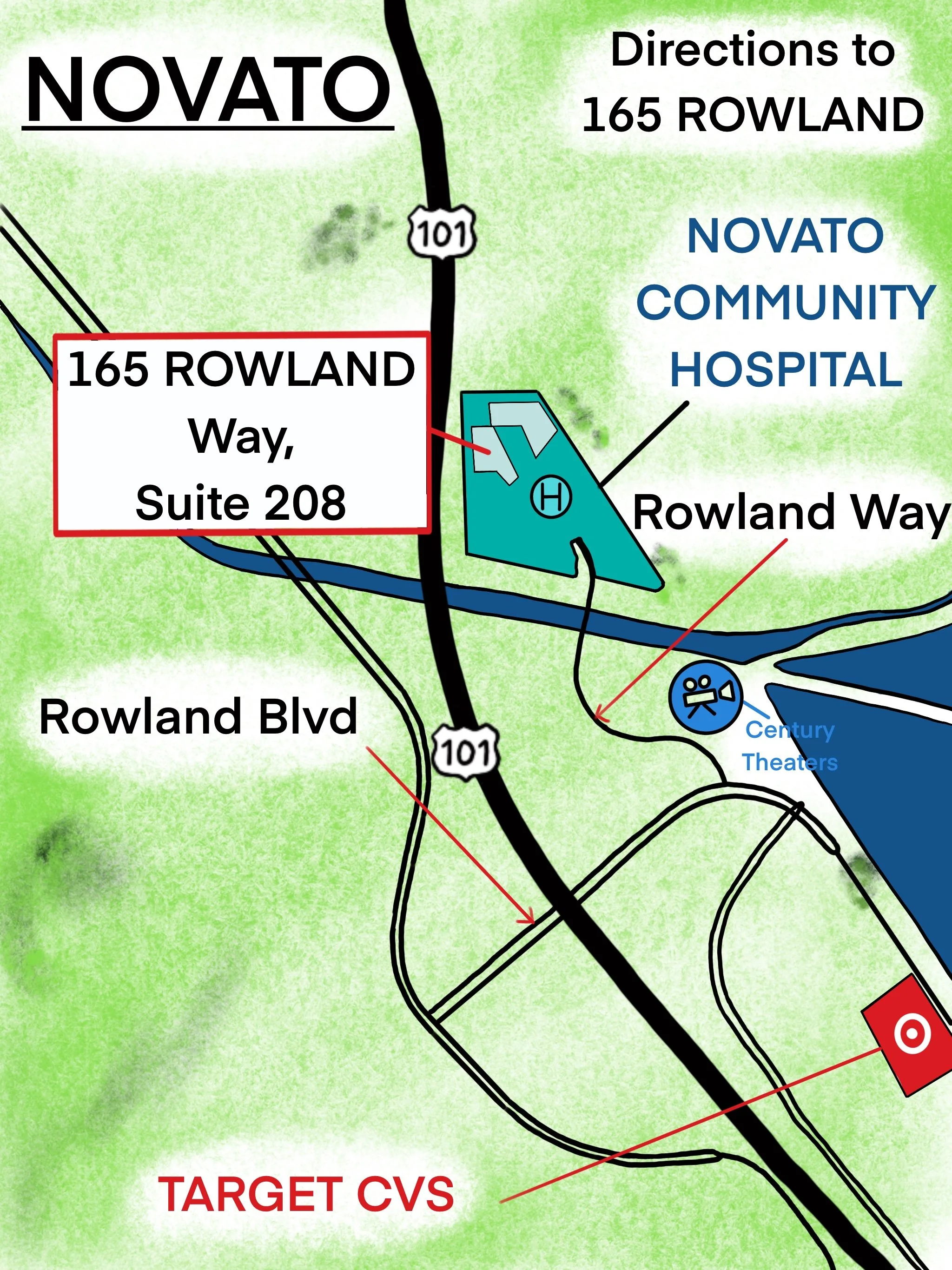Map of Novato, California highlighting 165 Rowland Way, Suite 208, near Novato Community Hospital, Rowland Blvd, Century Theaters, and Target CVS.