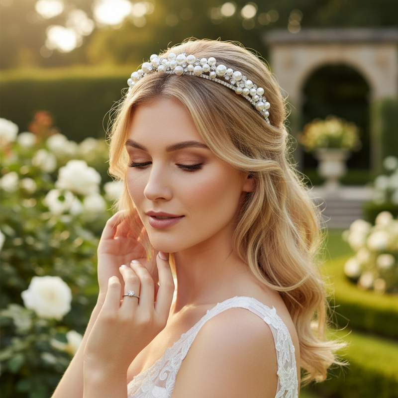 ATHENA COLLECTION - DAINTY PEARL TIARA - AHB246 SILVER