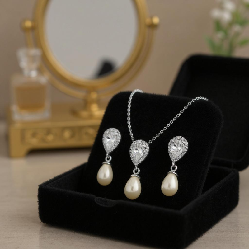 Cubic Zirconia Collection - Elegance Pearl Necklace Set - CZNK30