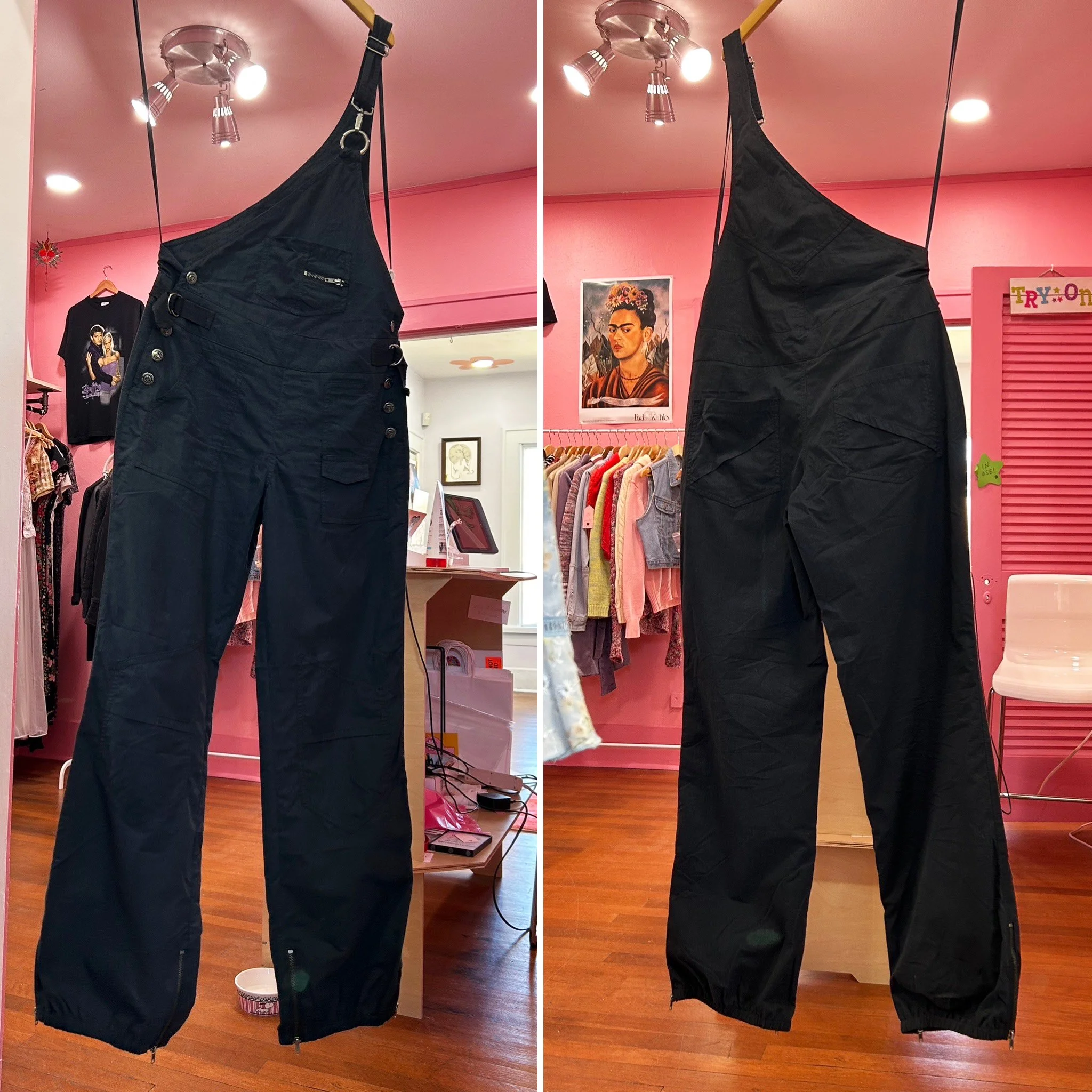 90s y2k cyber one shoulder black overalls by Misdemeanor