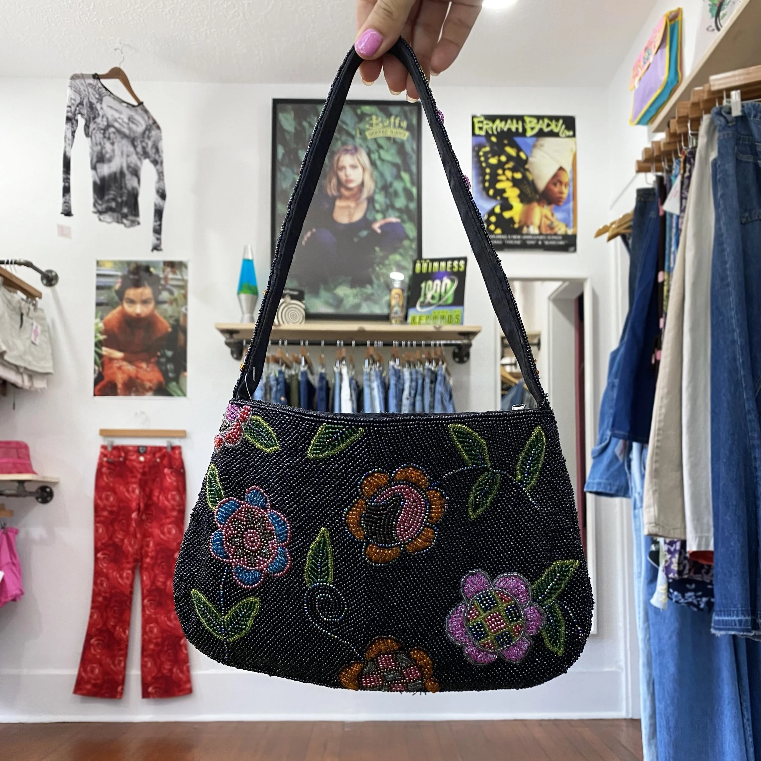90s y2k beaded floral shoulder purse
